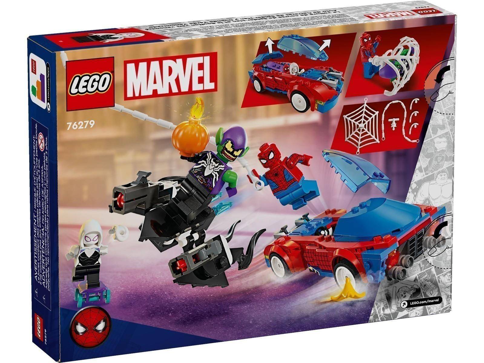 LEGO Marvel Spider-Man Baukasten mit Spider-Man und Ghost-Spider im Kampf gegen den Grünen Goblin über einem rot-blauen Auto, mit Web- und Zubehörsymbolen.