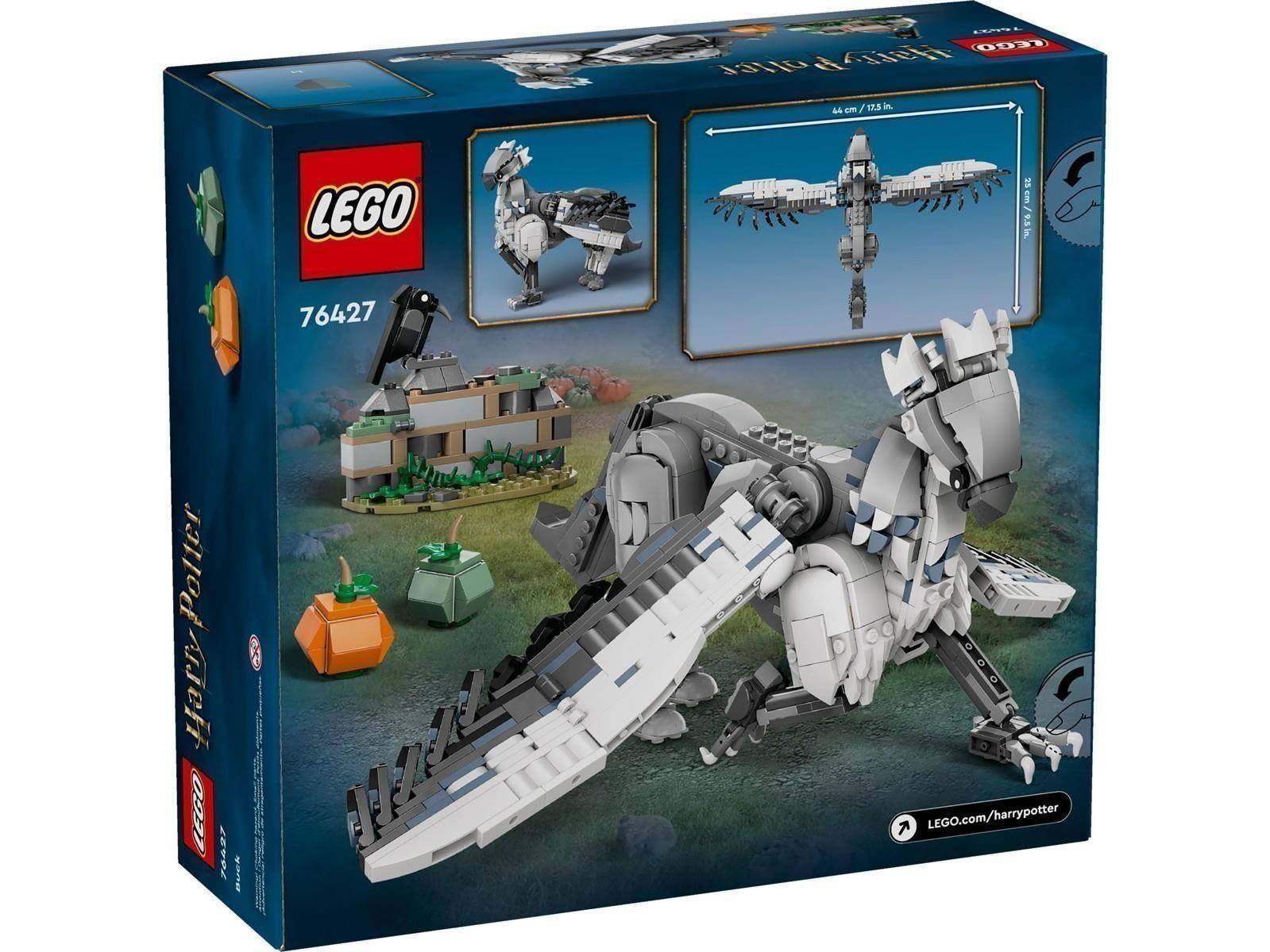 LEGO Harry Potter Set 76427 Box-Art mit einem großen weiß-flügeligen Hippogreif-Modell mit einer kleinen Szene und einer Minifigur, gekennzeichnet für 