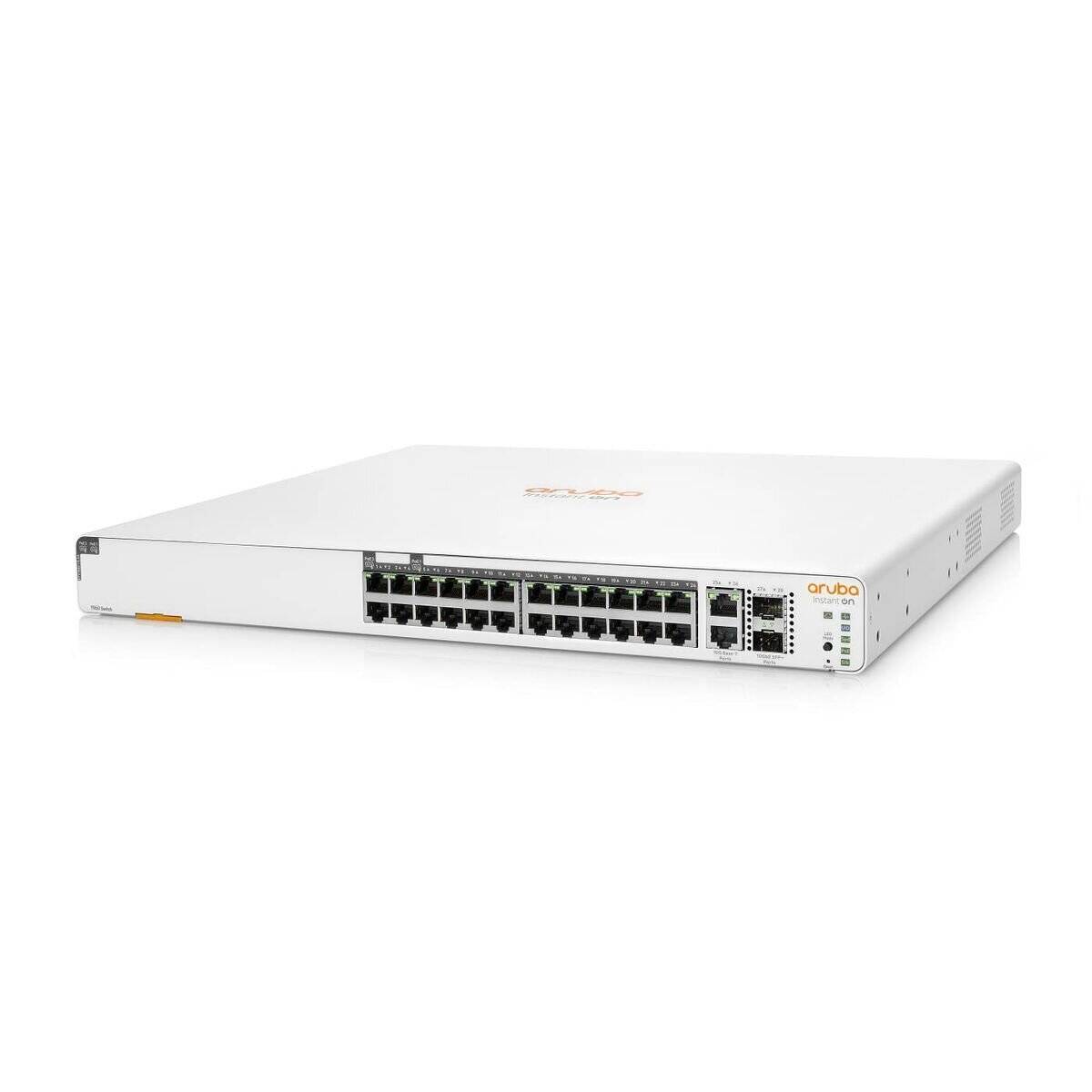 Aruba-Netzwerkswitch mit mehreren Anschlüssen, weißes Gehäuse, Frontansicht.