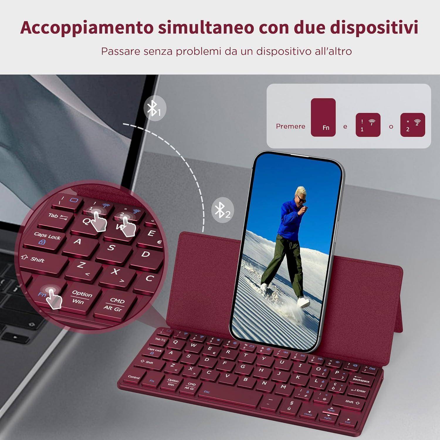 Tastatur mit Telefonständer zum gleichzeitigen Verbinden. Anleitung zeigt 'Fn' + '1' oder '2' zum Wechseln zwischen Geräten. Bild von Telefon auf Ständer.