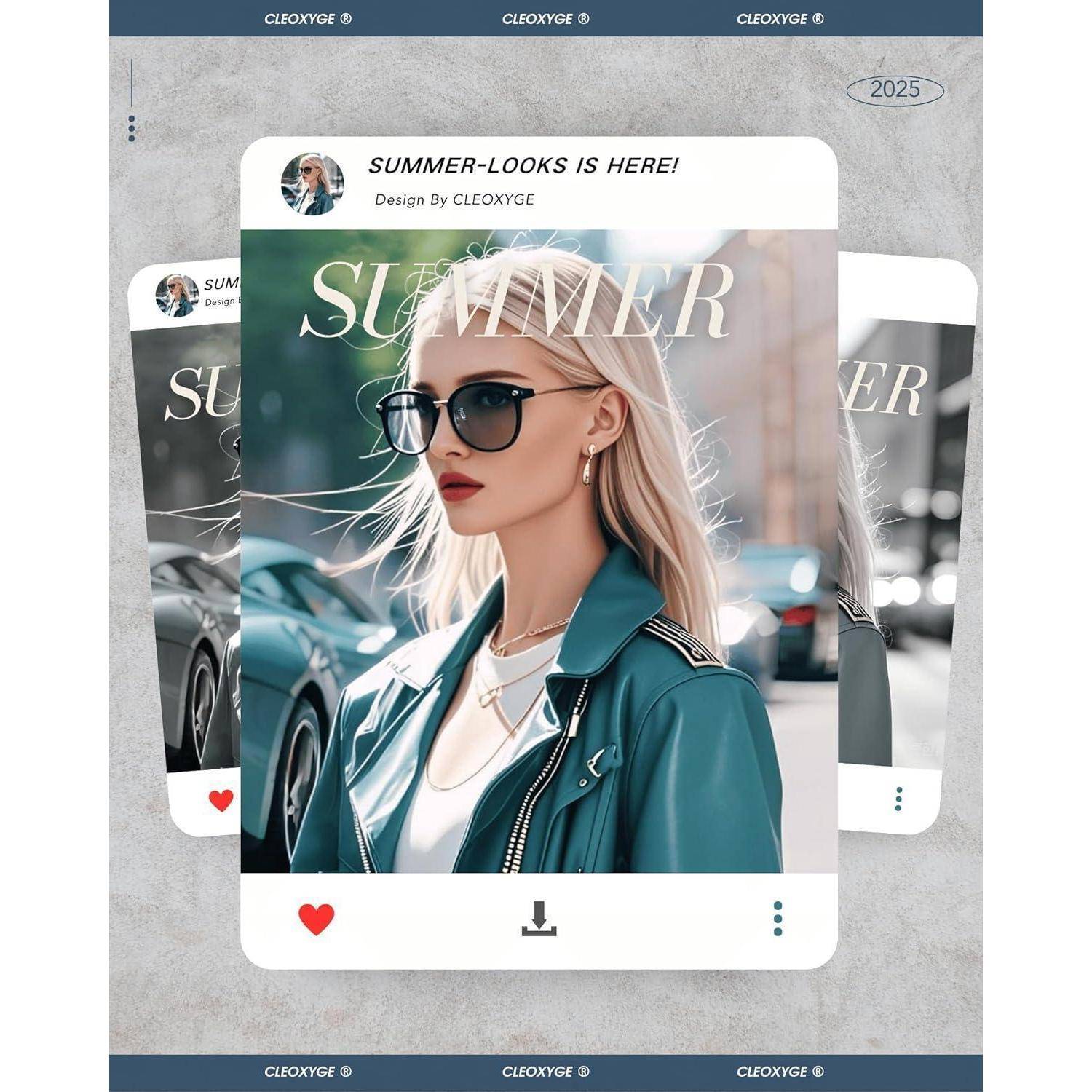 Eine Frau mit Sonnenbrille und einer petrolblauen Jacke posiert selbstbewusst. Der Text lautet 'SOMMER', was auf Sommer-Modetrends hinweist.