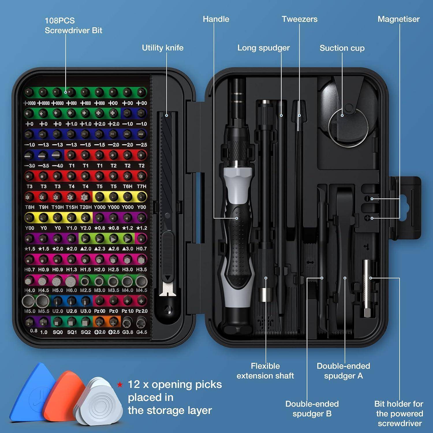 108-teiliges Präzisions-Schraubendreher-Set mit verschiedenen Schraubendreher-Bits, Werkzeugen wie Cuttermesser, flexibler Verlängerungswelle, Saugnapf und Magnetisierer.