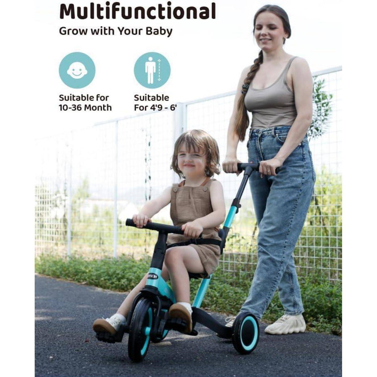 Eine Frau fährt mit einem kleinen Kind auf einem multifunktionalen Dreirad. Text: 'Multifunktional', 'Geeignet für 10-36 Monate' und 'Geeignet für 4'9