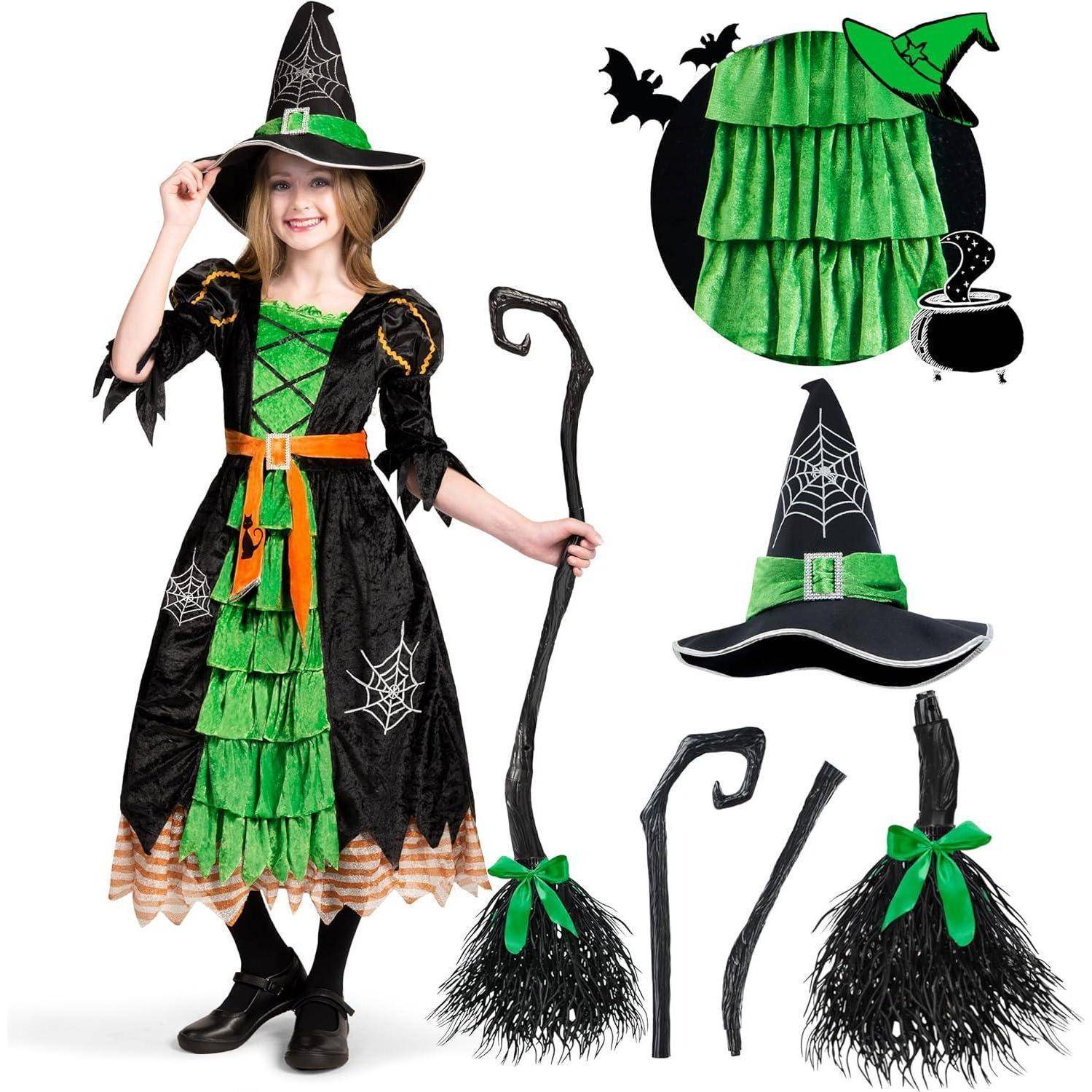 Hexenkostüm Karneval Halloween 3teiliges Set Grün Medium (8-10 yrs)