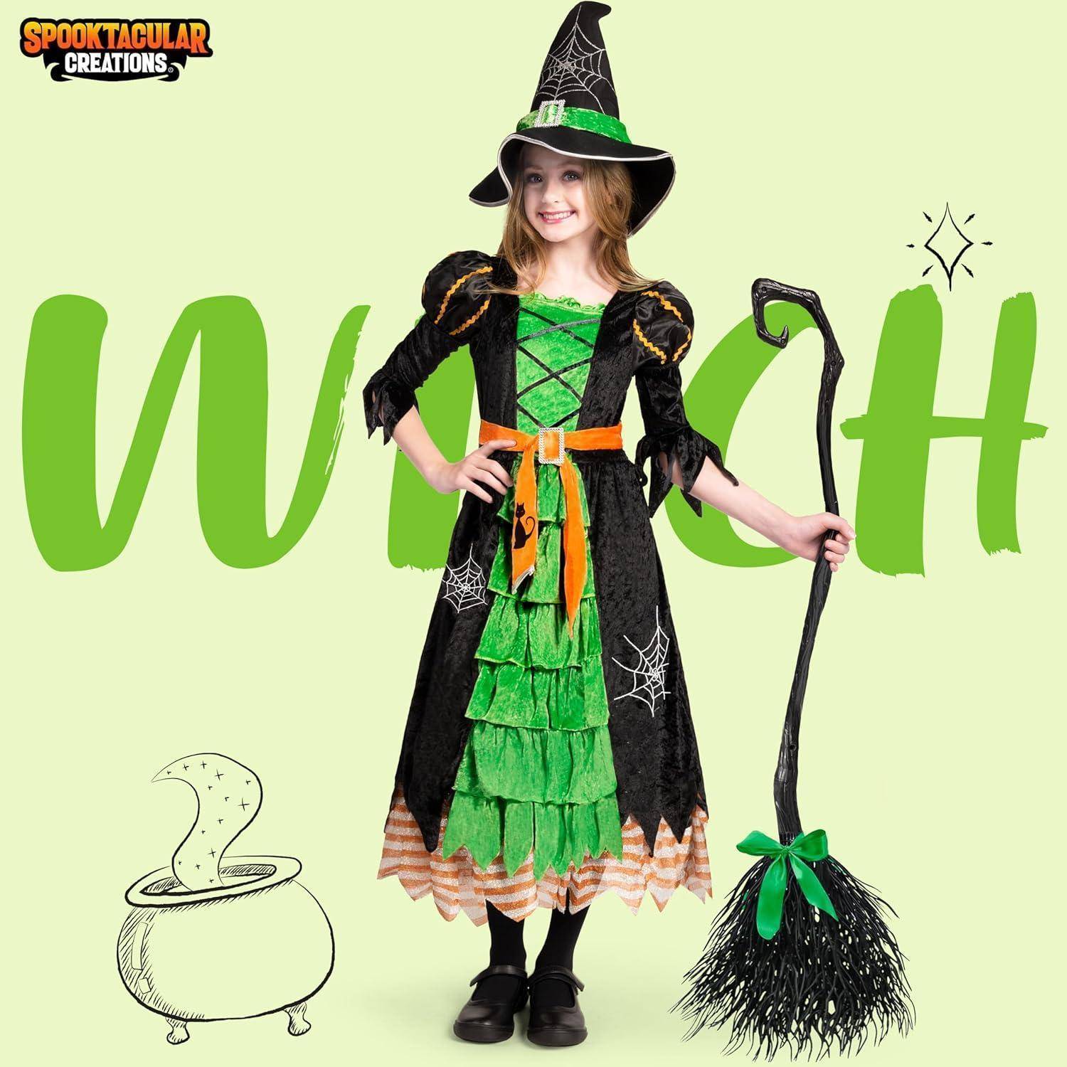Hexenkostüm Karneval Halloween 3teiliges Set Grün Medium (8-10 yrs)