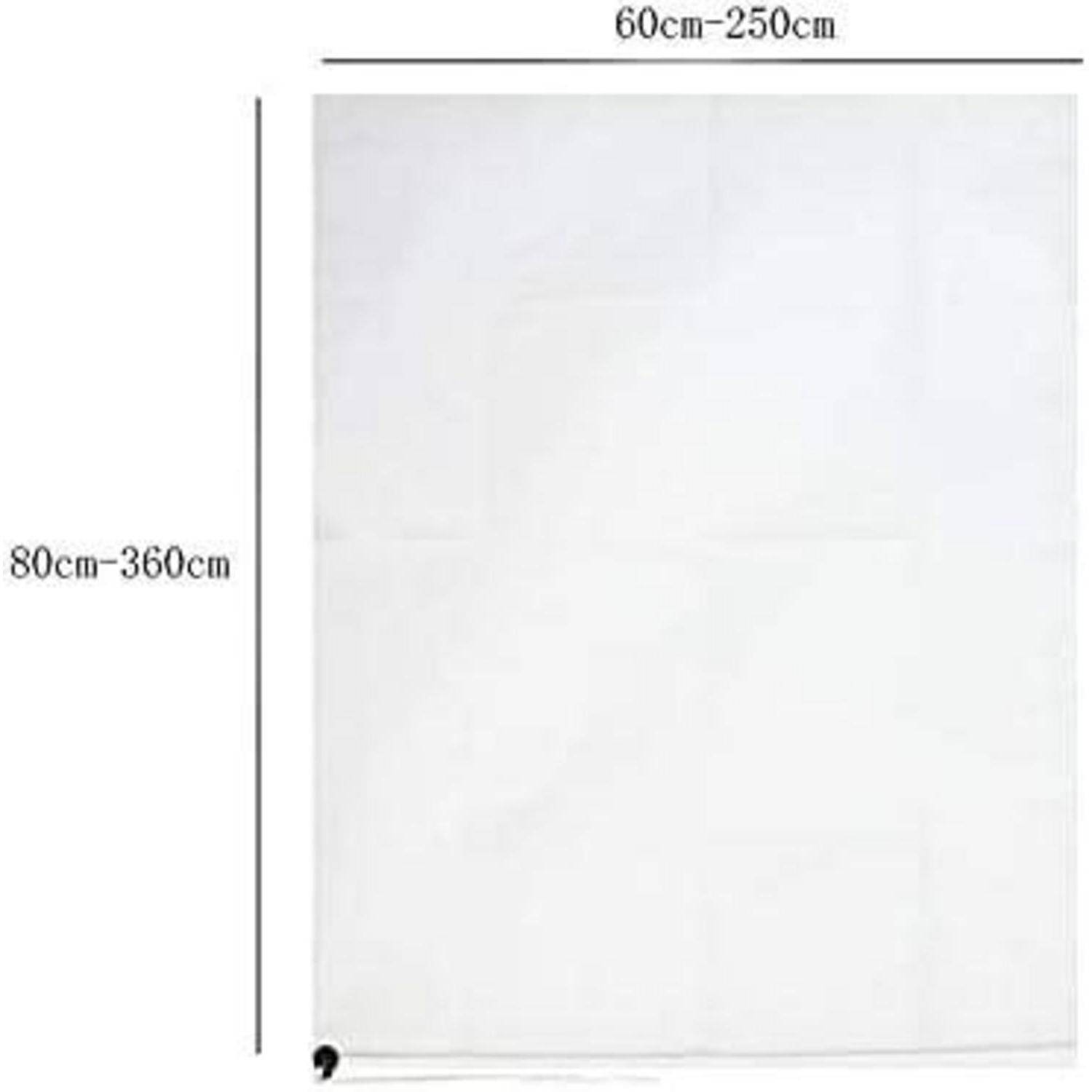 Ein schlichter, weißer Vorhang oder Hintergrund mit verschiedenen einstellbaren Abmessungen, 60 cm bis 250 cm breit und 80 cm bis 360 cm hoch.
