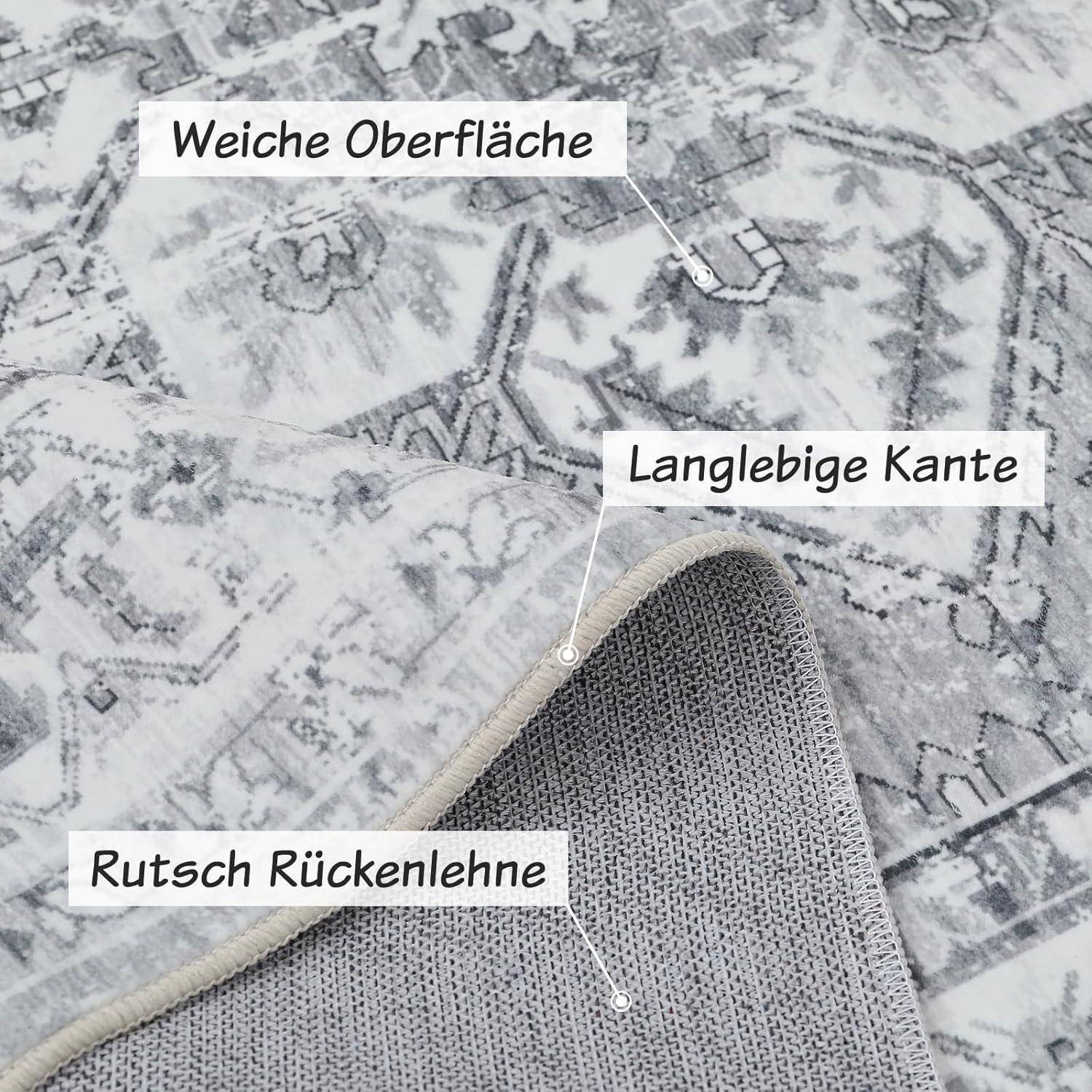 Ein strukturierter Teppich mit einem dekorativen Muster gekennzeichnet mit 'Weiche Oberfläche' (soft surface), 'Langlebige Kante' (durable edge), 'Rutsch Rückenlehne' (non-slip backing).