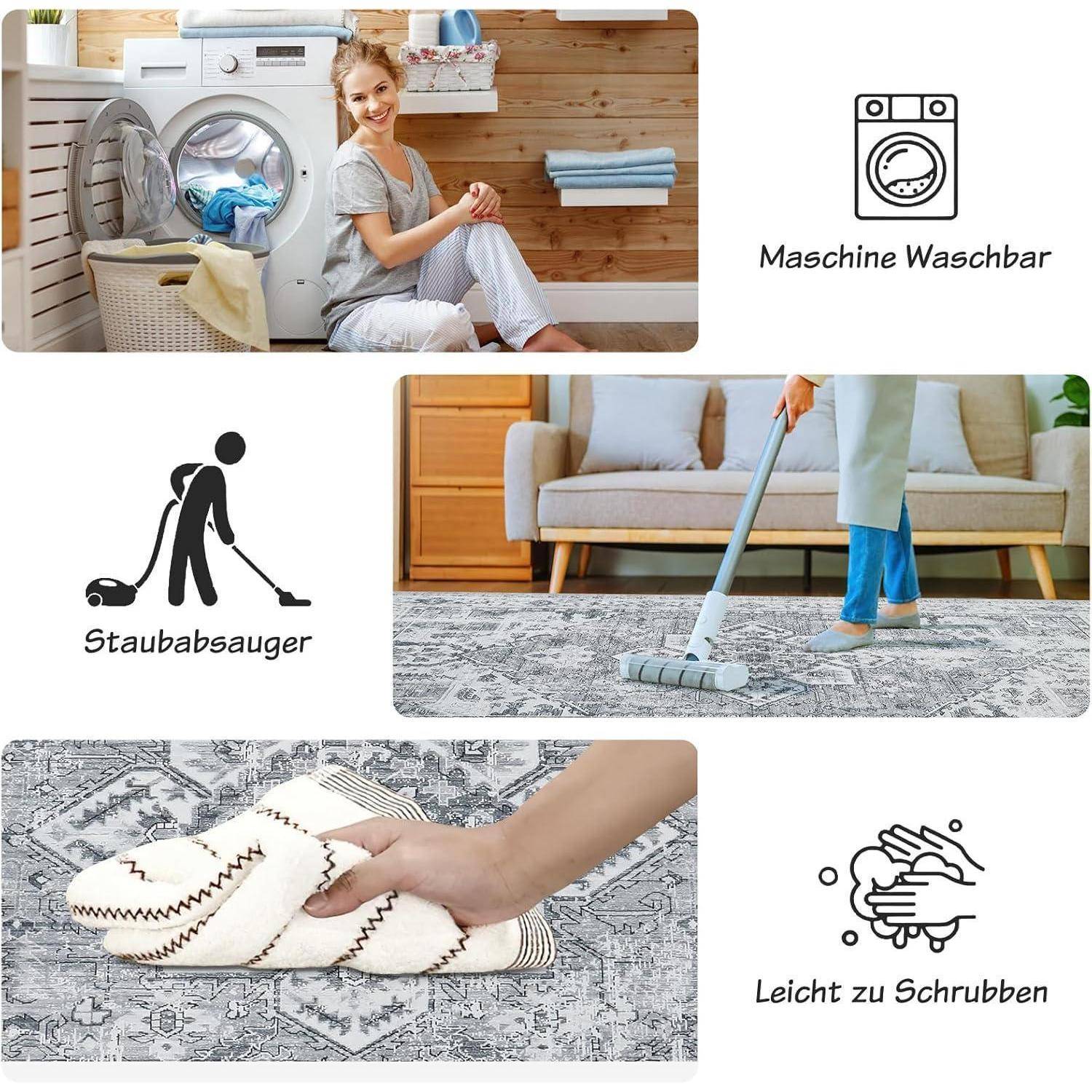 Teppich Wohnzimmer Kurzflor Boho Rutschfest Waschbar 140 x 200 cm Grau