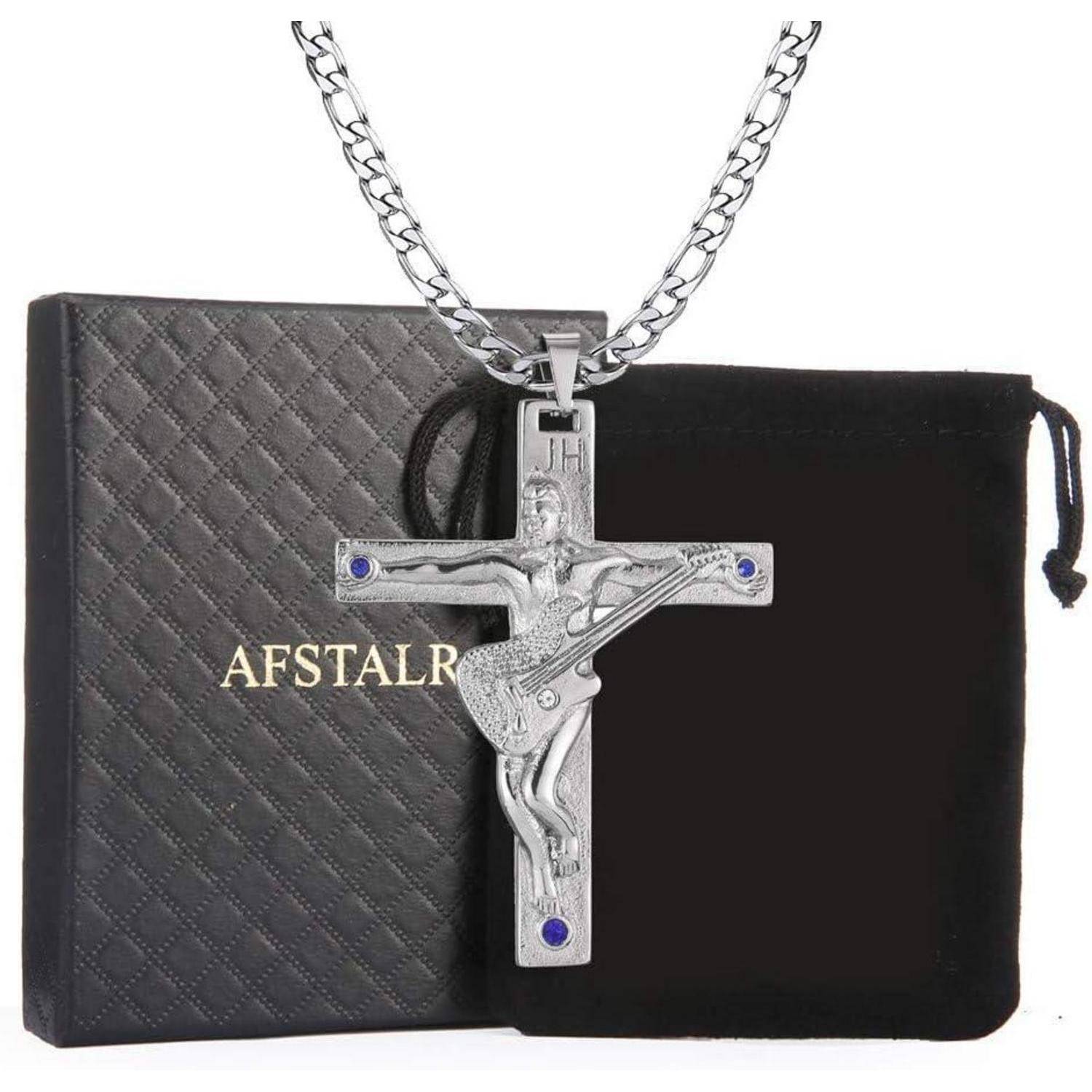 Anhänger mit einem Kreuz in Gitarrenform, geschmückt mit blauen Steinen, an einer Kette aufgehängt. Verpackung mit der Aufschrift 'AFSTALR'.