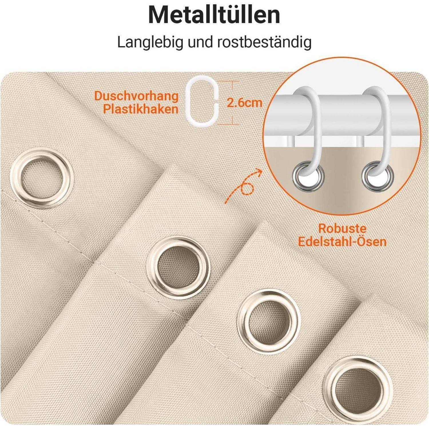 Duschvorhang Nahaufnahme, die Metallösen und Kunststoffhaken zeigt. Text: 'Metalltüllen, Langlebig und rostbeständig, 2.6cm,' mit Pfeil zu den Haken.