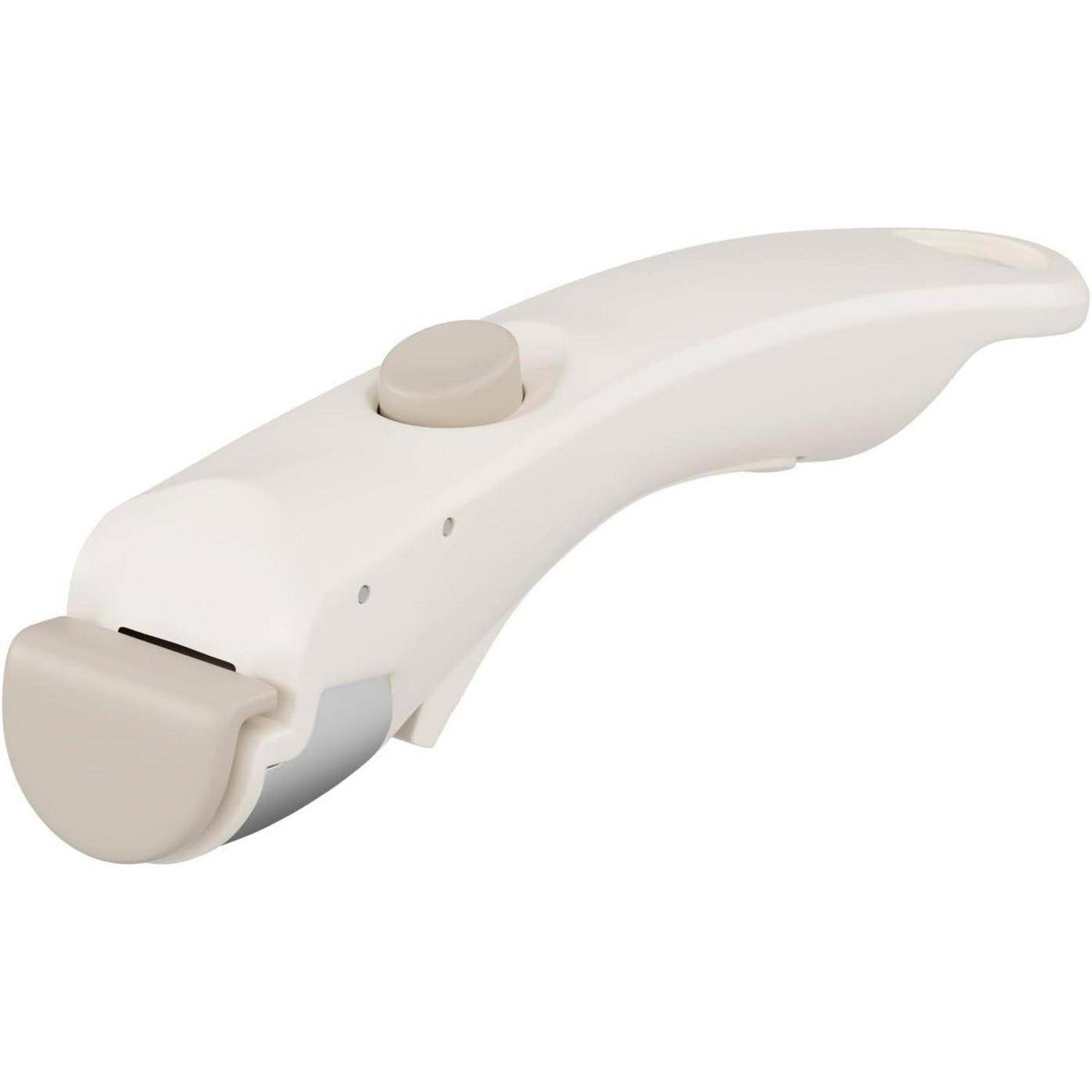Ein weißer ergonomischer Dosenöffner mit einer Kreisklinge, der für einen einfachen Griff und präzises Schneiden konzipiert ist, von der Seitenansicht gezeigt.