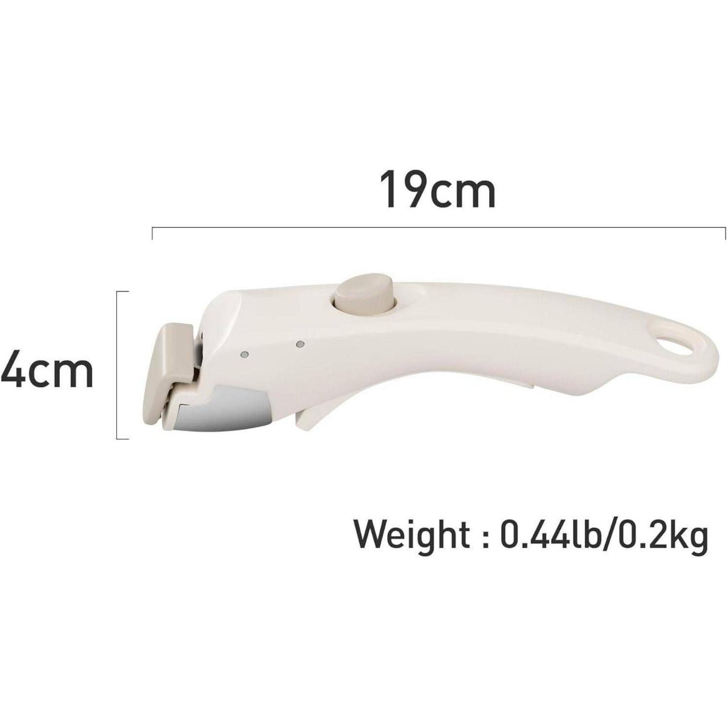 Dosenöffner, Abmessungen: 19 cm Länge, 4 cm Höhe, Gewicht: 0,44 lb/0,2 kg, in Weiß abgebildet mit Griff und Knauf.