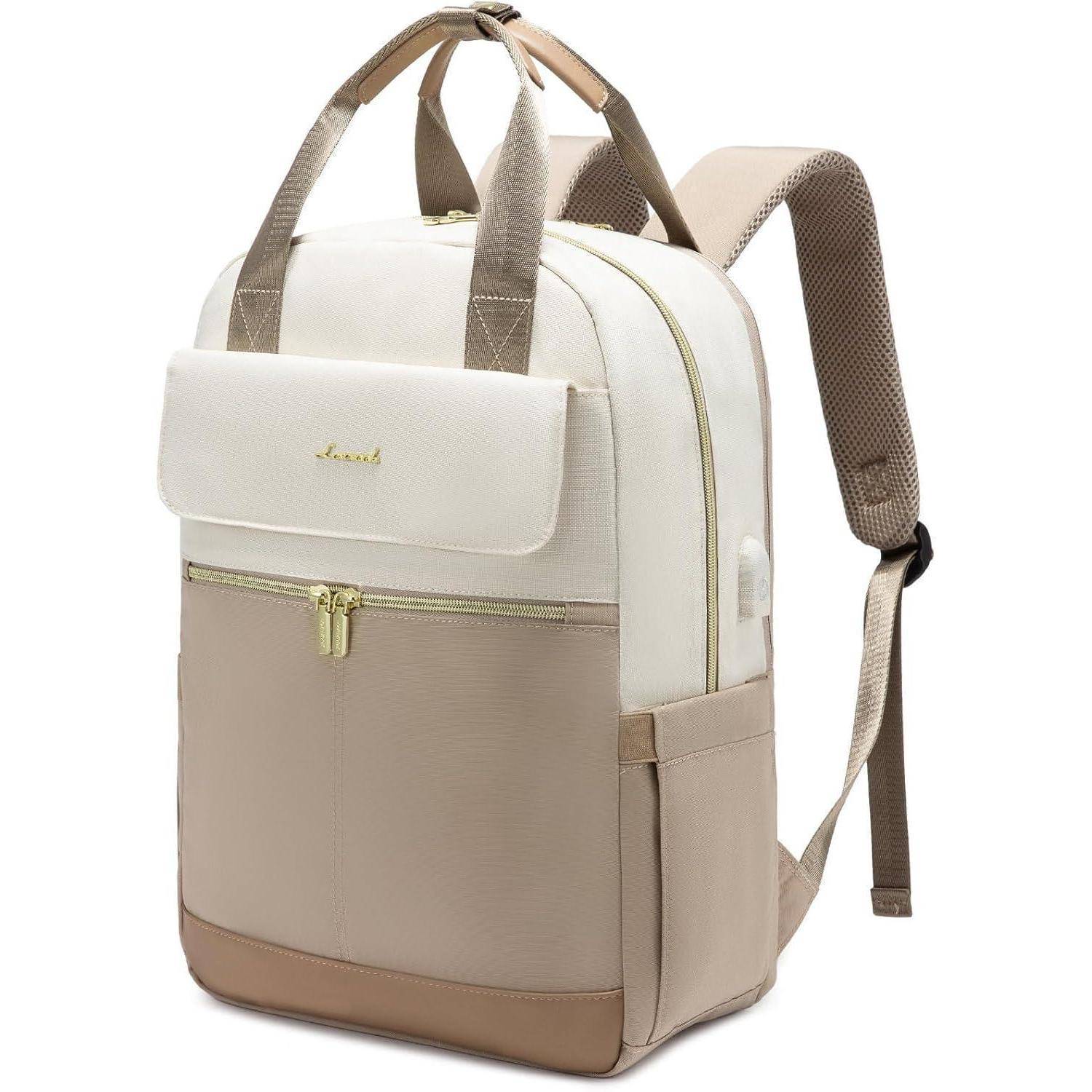 Ein beige-weißer Rucksack mit verstellbaren Trägern, Reißverschlusstasche vorne und einem Tragegriff.