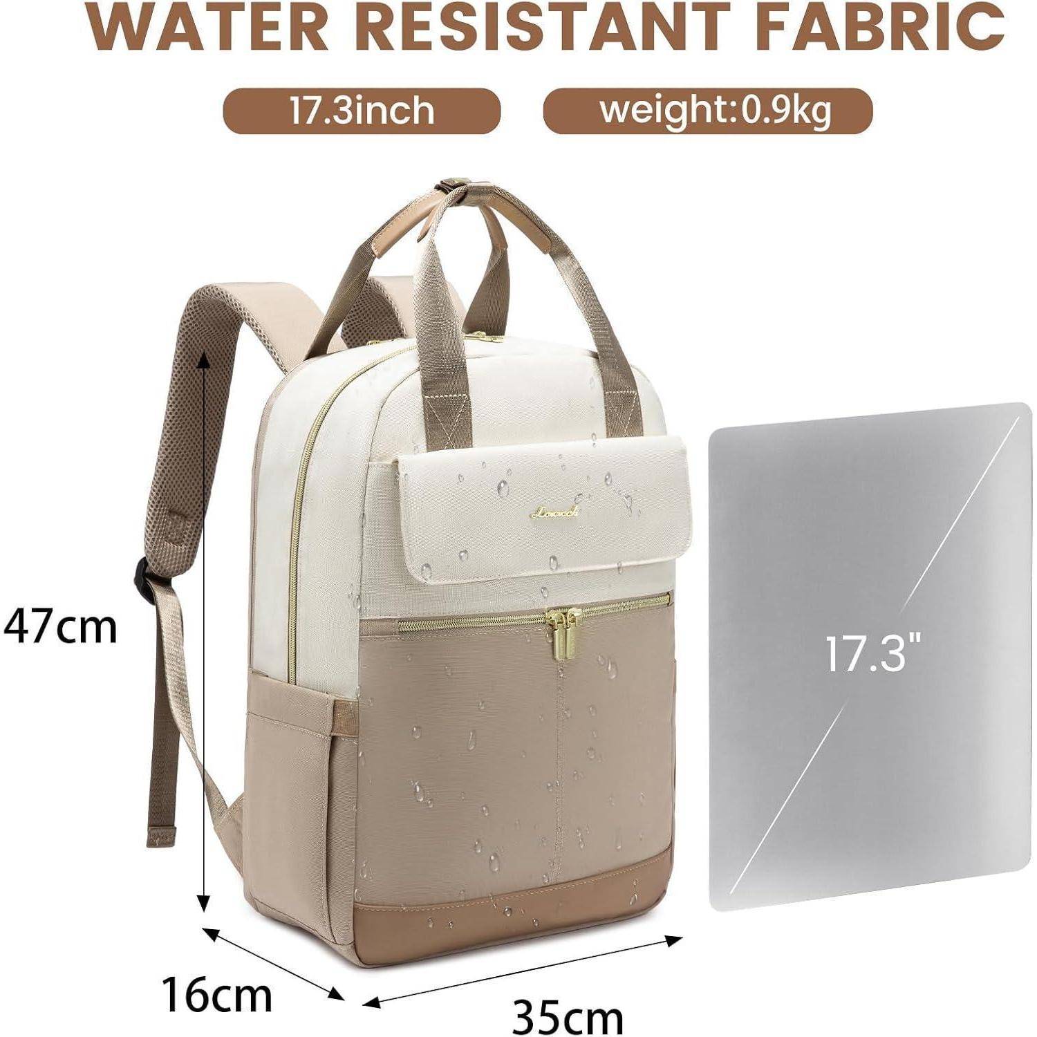 Ein beiger und brauner Rucksack mit dem Aufdruck 'Wasserdichtes Gewebe'. Abmessungen: 47x35x16 cm; Gewicht: 0,9 kg; geeignet für Gegenstände bis 17,3 Zoll.