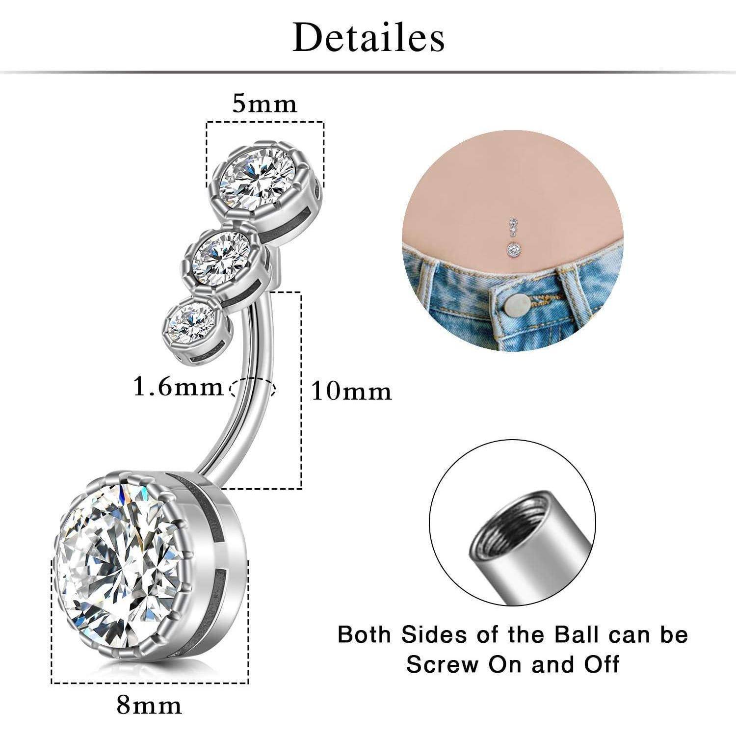 Bauchnabelpiercing 14G Chirurgenstahl Kristall Zirkonia Perle 10MM