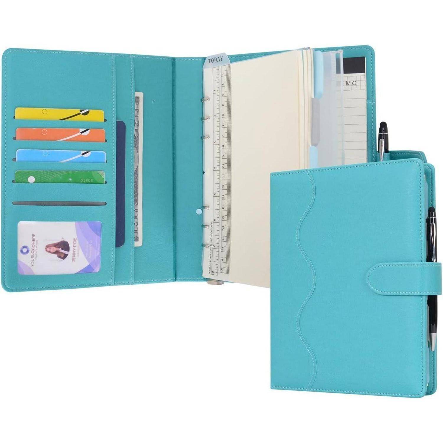 Tagebuch A5 Liniert PU Leder Nachfüllbar Ringbuch Stift Cyan