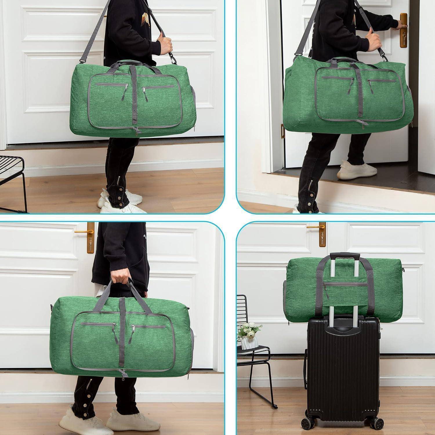 Eine Person, die eine große grüne Reisetasche in verschiedenen Positionen trägt; auf der Schulter, in der Hand und auf einem Koffer sitzend.