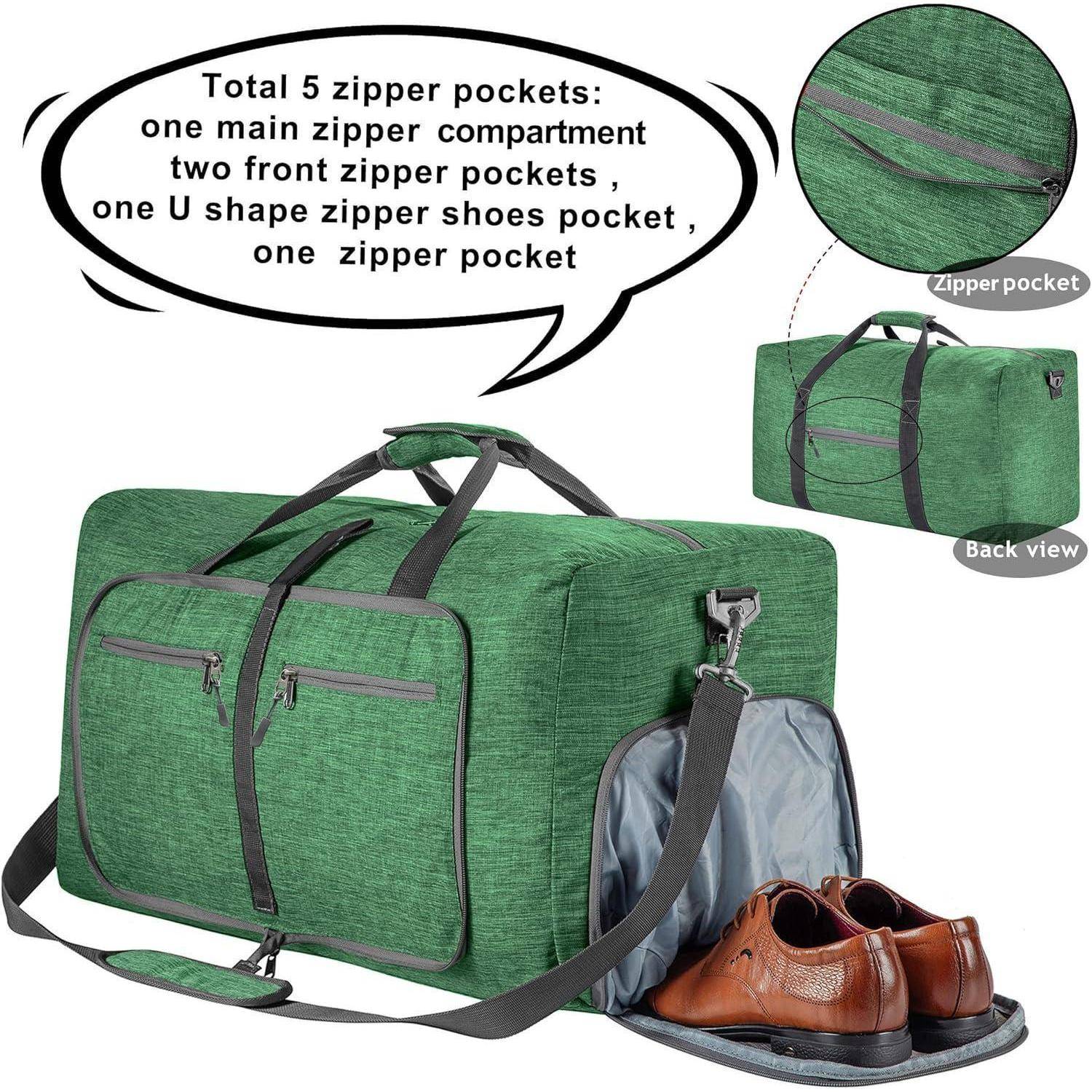 Grüne Reisetasche mit fünf Reißverschlusstaschen: ein Hauptfach, zwei Vordertaschen, eine Schuhfach und eine Seitentasche.Inklusive Schuhe.
