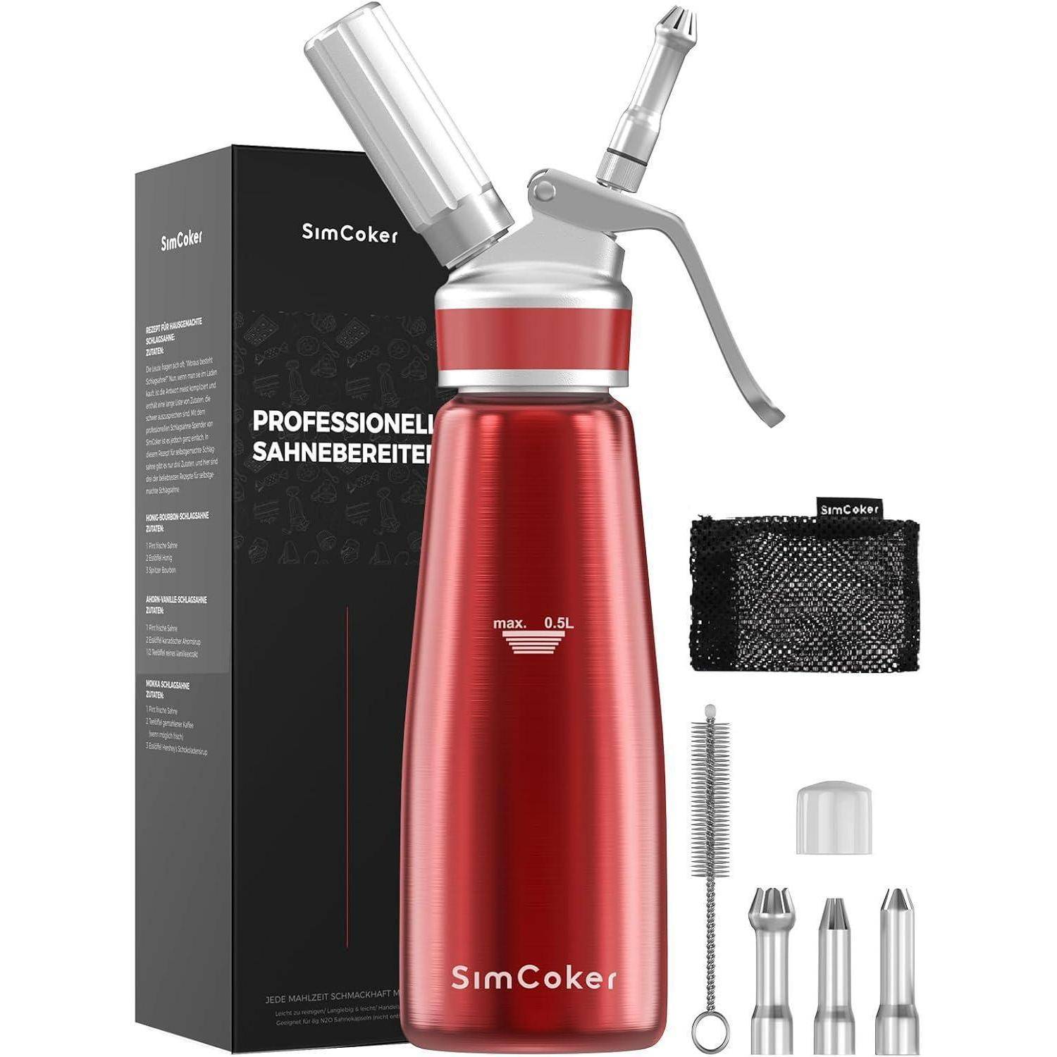 Sahnespender 500ml Aluminium Spritztüllen Reinigungbürste Rot