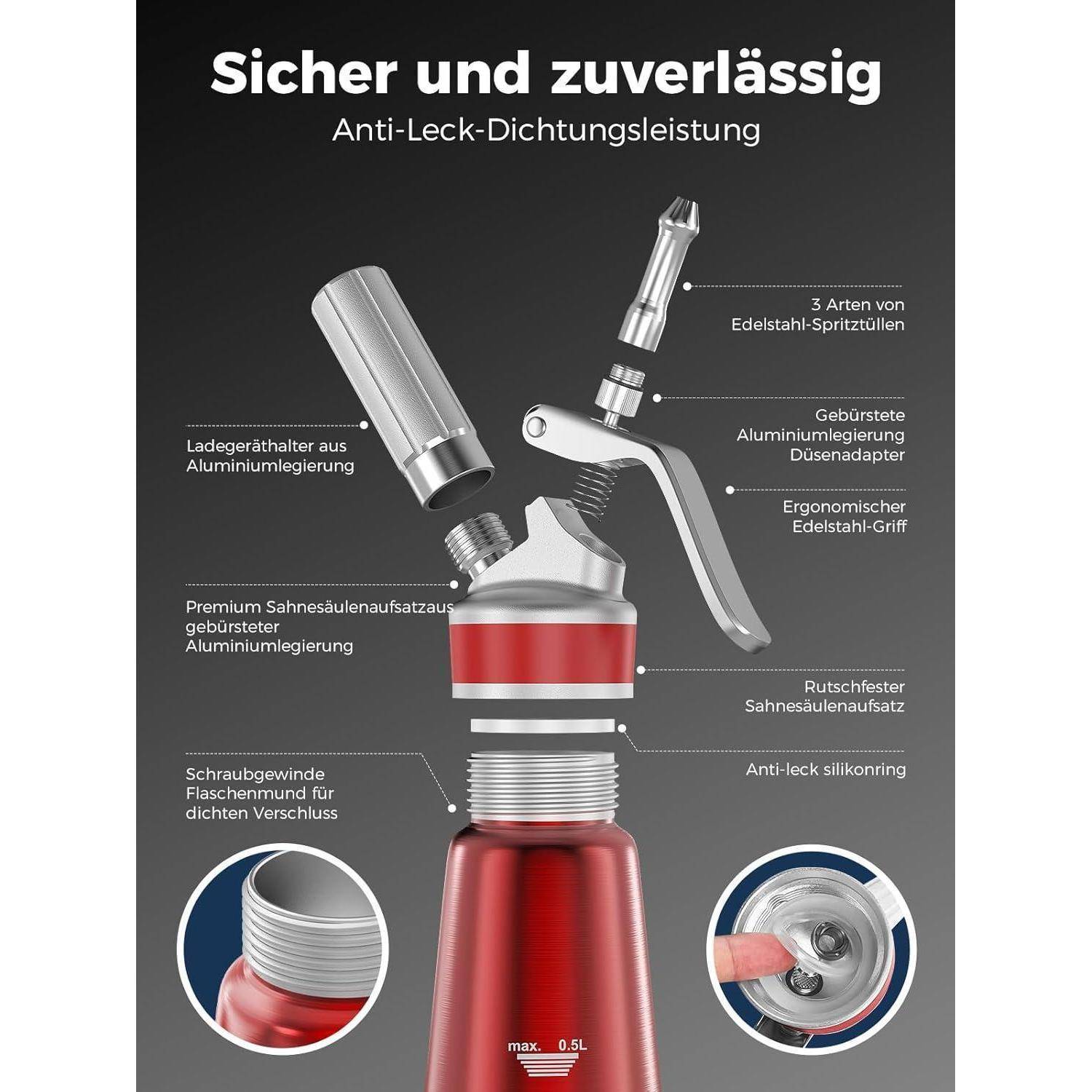 Sahnespender 500ml Aluminium Spritztüllen Reinigungbürste Rot