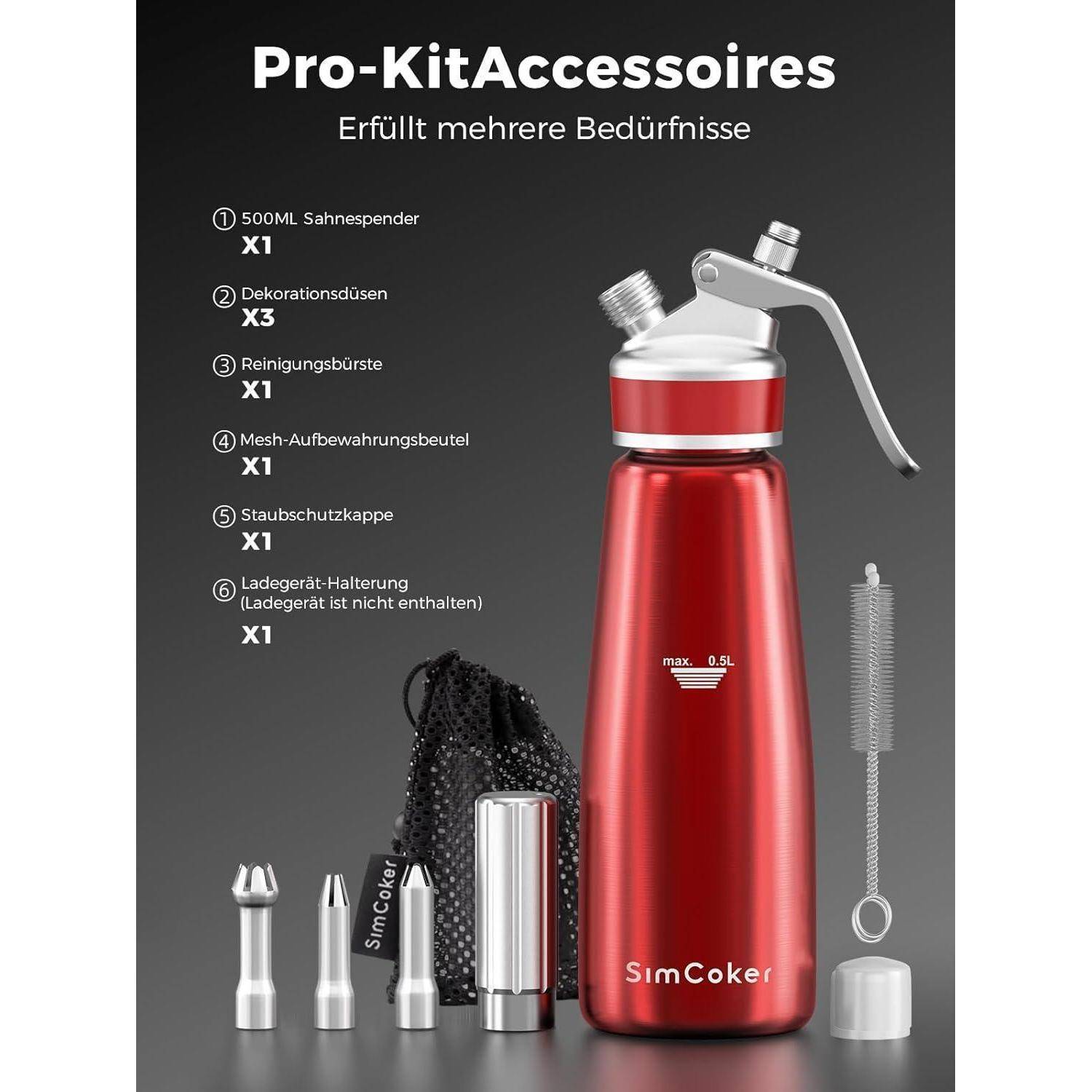 Sahnespender 500ml Aluminium Spritztüllen Reinigungbürste Rot