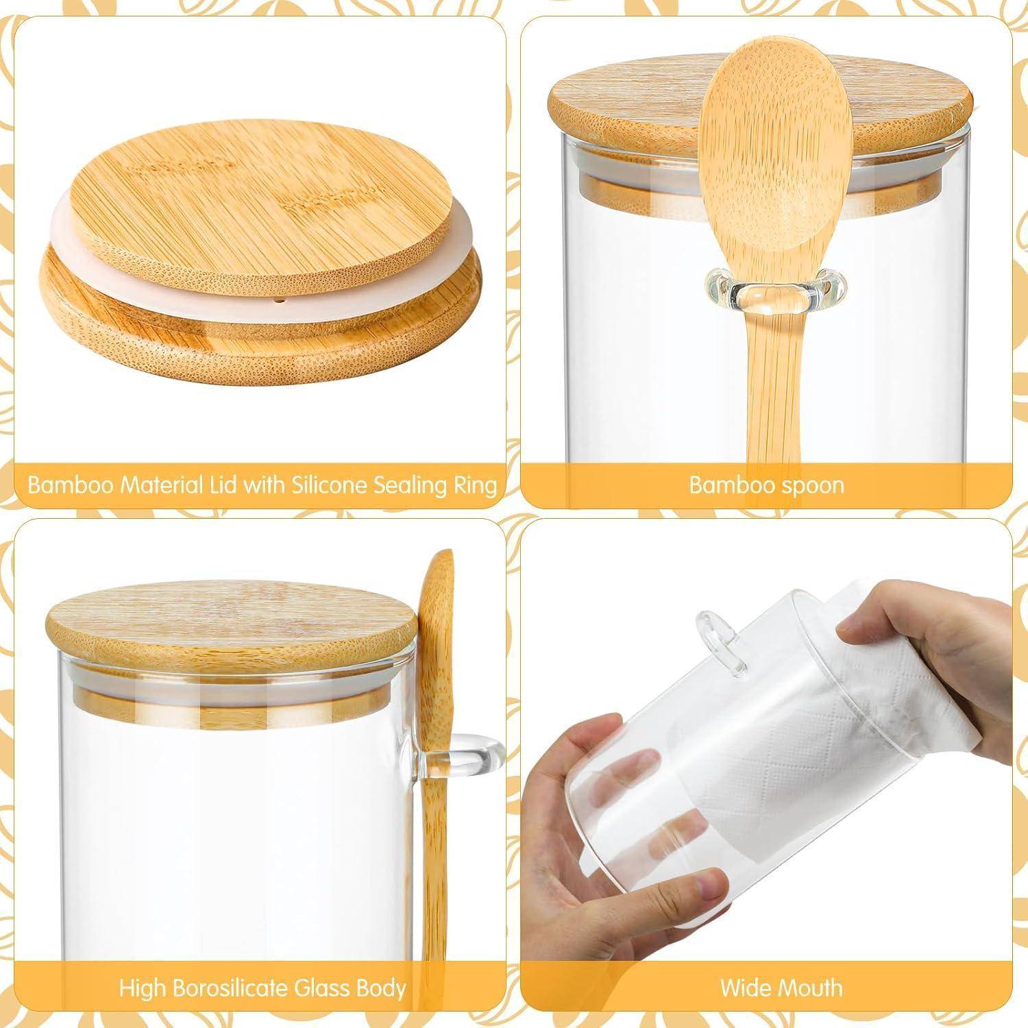 Glassbehälter mit Bambusdeckel und Löffel. Merkmale umfassen einen Silikon-Dichtungsring, einen Körper aus hochwertigem Borosilikatglas und eine breite Öffnung.