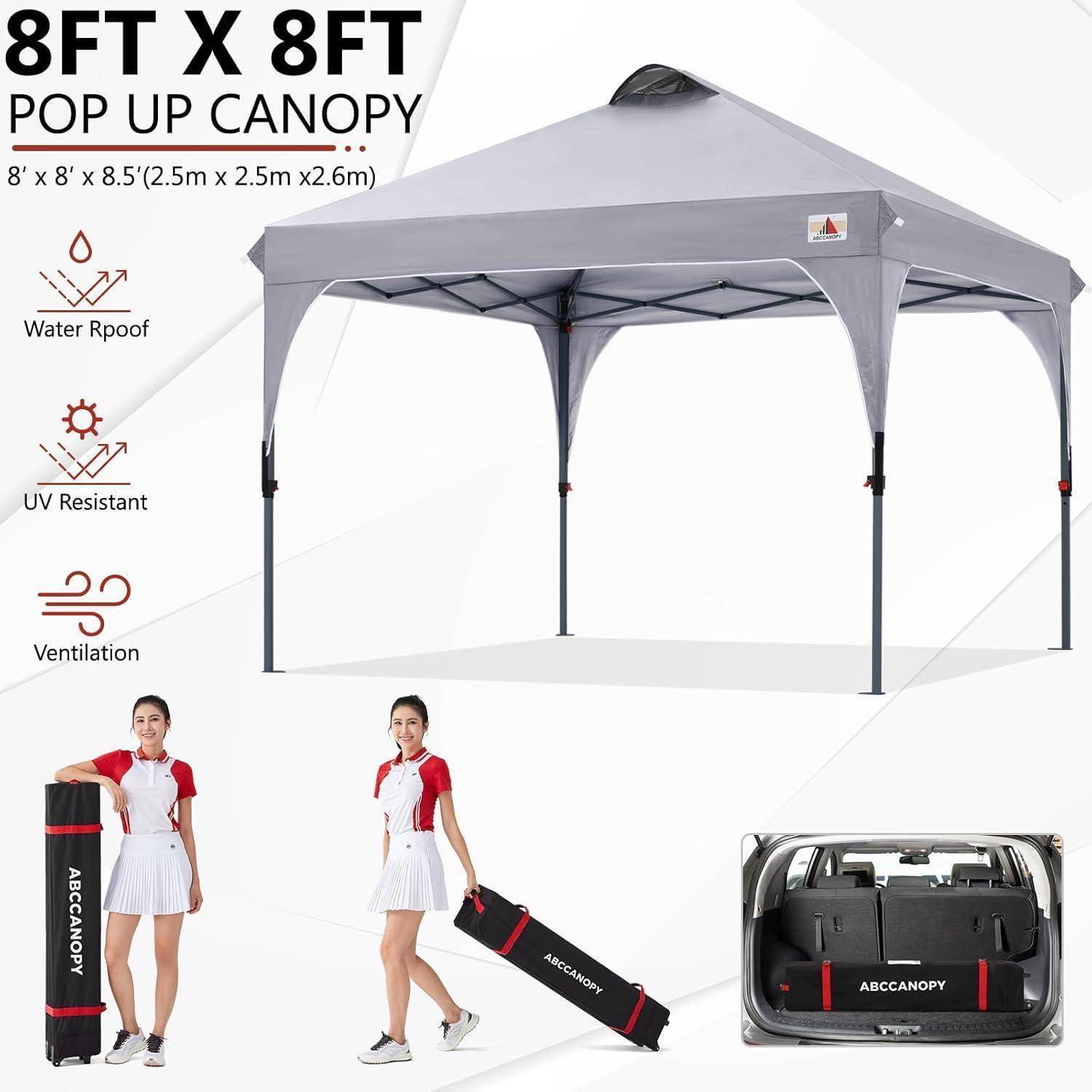 Graues 8x8 Fuß Pop-up Pavillon mit wasserdichten, UV-beständigen und belüfteten Eigenschaften. Inklusive Transporttasche und zusammenklappbar für die Aufbewahrung im Auto.