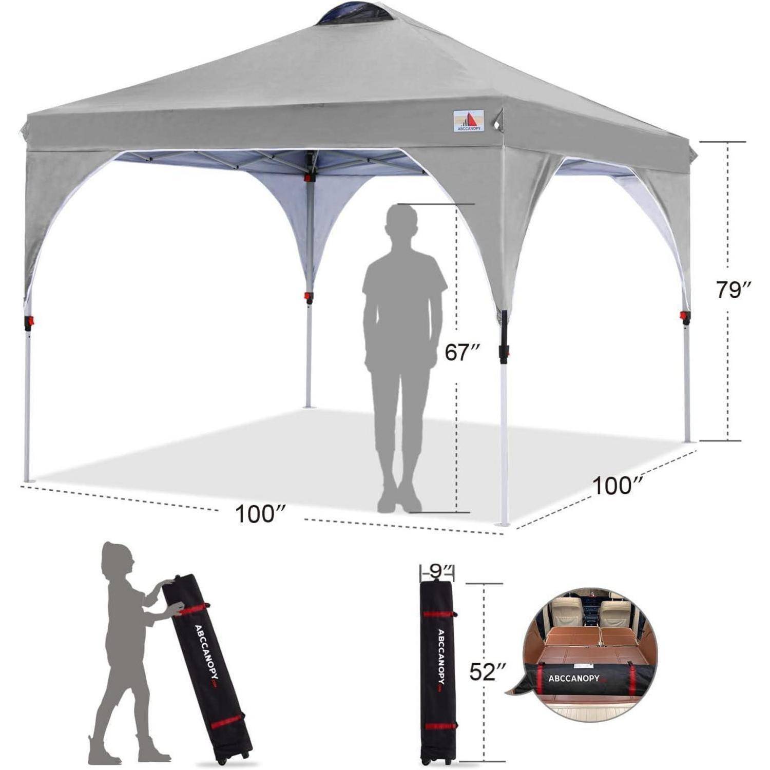 Graues Pavillon-Zelt mit den Maßen: 254 cm x 254 cm x 200 cm. Beinhaltet eine Silhouette einer Person zum Größenvergleich (170 cm) und eine Transporttasche (132 cm).