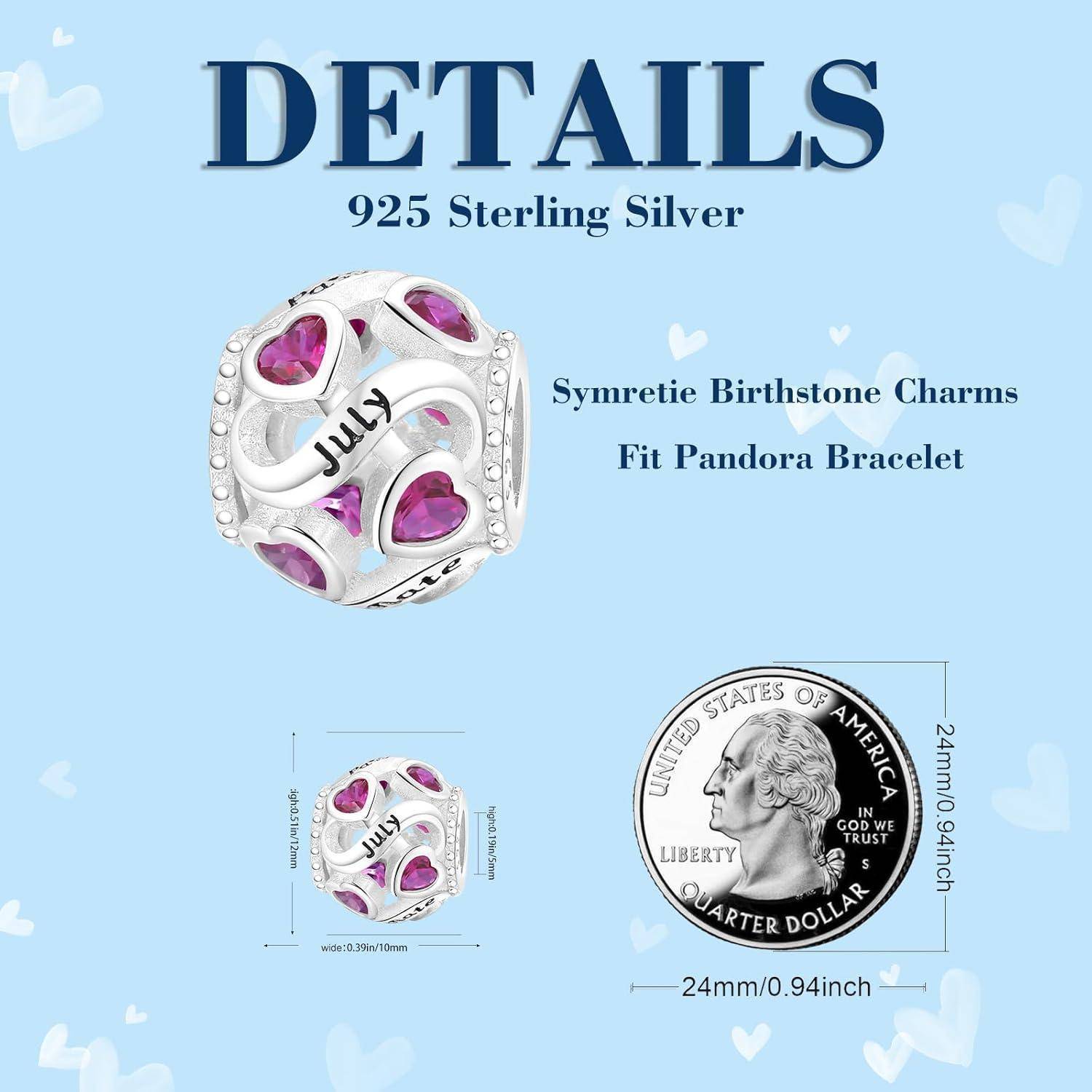 Anhänger 925 Silber Geburtsstein Herz Beads Charms B7-Juli