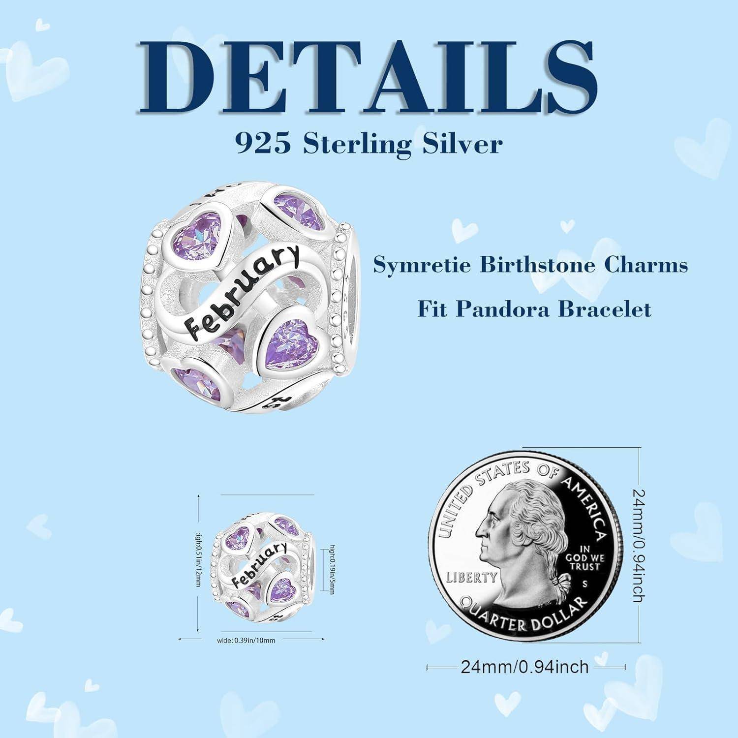 Anhänger 925 Sterling Silber Geburtsstein Herz Frauen Charm B2-Februar