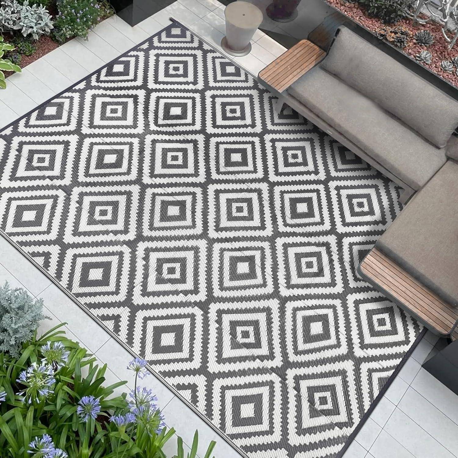 Teppich Outdoor wasserfest 180 x 270 cm (Rechteckig) Grau und Weiß