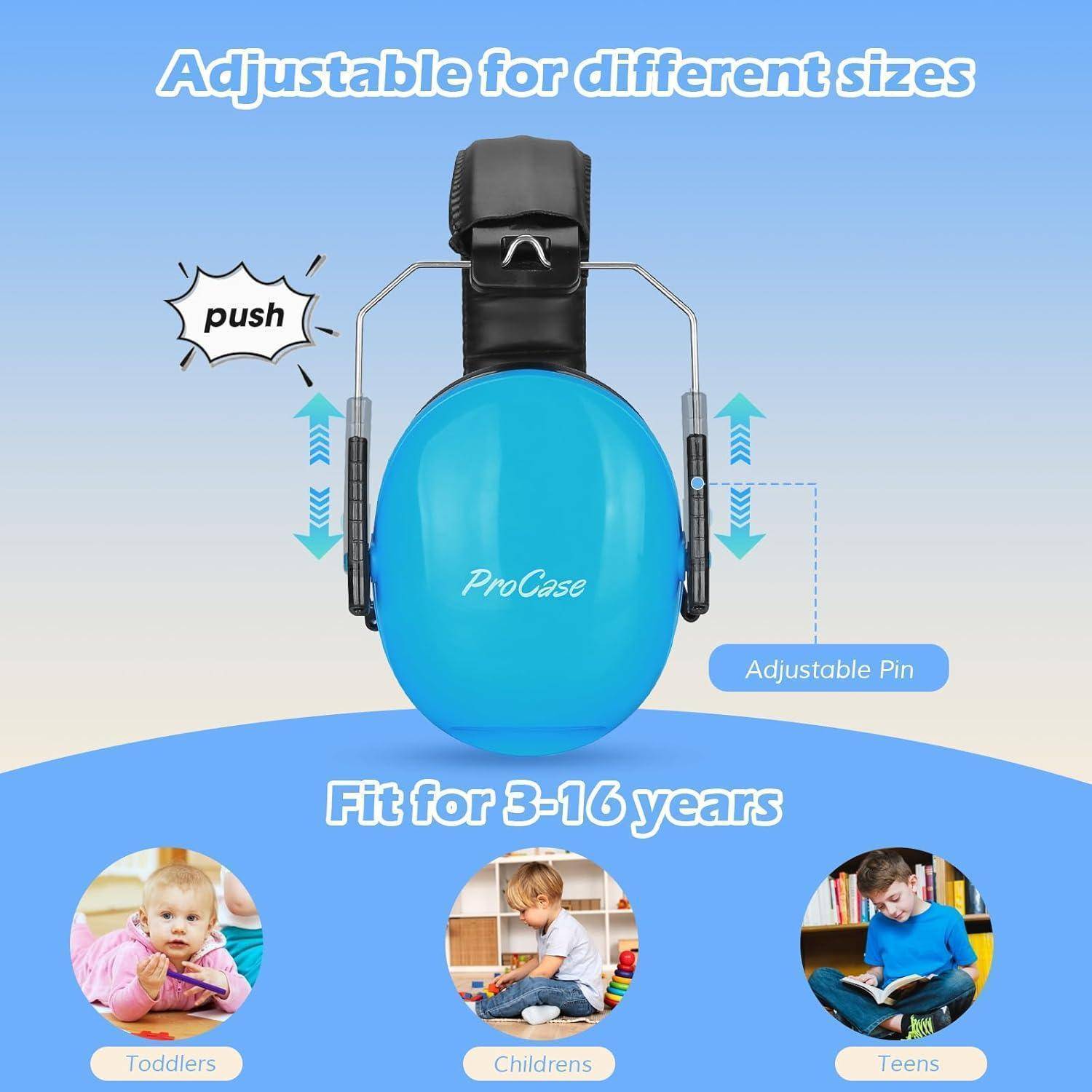 Blaue Noise-Canceling-Kopfhörer mit der Bezeichnung ‚ProCase', verstellbar, geeignet für Alter 3-16. Bilder von Kleinkindern, Kindern und Jugendlichen gezeigt.