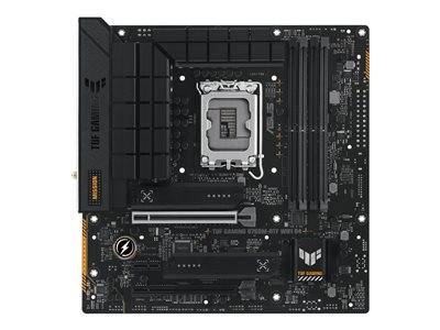 Eine Mainboard mit dem ASUS TUF Gaming-Logo, mit mehreren RAM-Steckplätzen, PCIe-Steckplätzen und einem CPU-Sockel, entwickelt für Gaming-Computer.