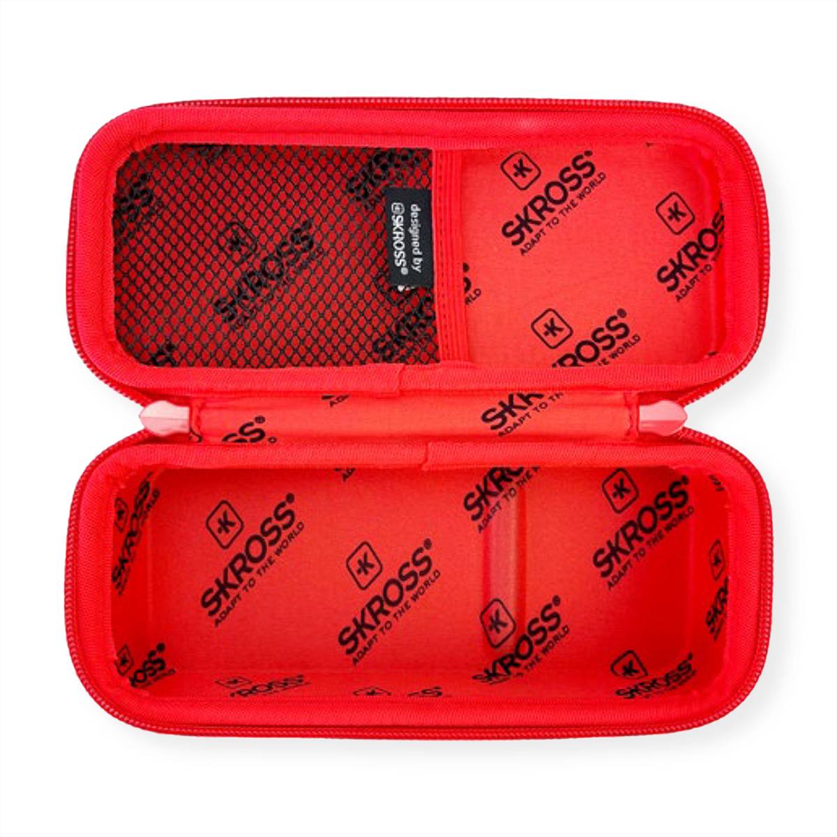 Ein roter Reise-Etui mit Reißverschluss und 'SKROSS' Branding, mit offenem Oberteil, das eine Netztasche im Inneren zeigt, konzipiert zum Aufbewahren kleiner Gegenstände.