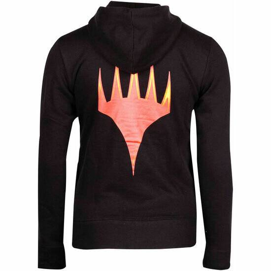 Schwarzer Hoodie mit einem roten, flammenartigen Symbol auf dem Rücken, das wie eine Krone oder Stacheln geformt ist.