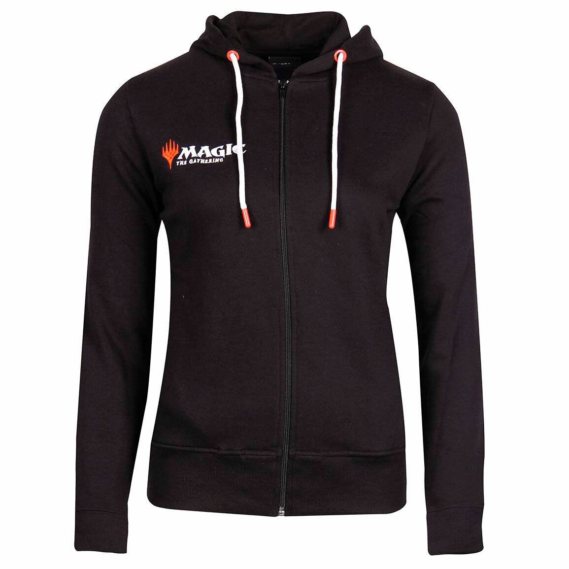 Ein schwarzer Reißverschluss-Hoodie mit einem weißen Textlogo auf der linken Brust, auf dem 'Magic The Gathering' steht, und mit roten und weißen Kordelzügen.