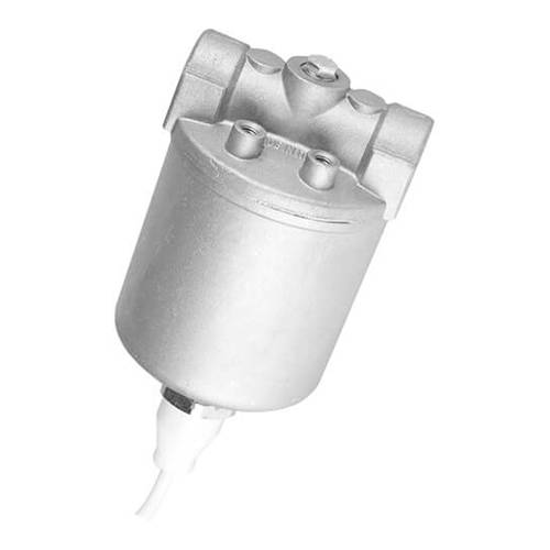 Ein zylindrischer Metallgegenstand mit einem am unteren Ende angeschlossenen Kabel, höchstwahrscheinlich eine elektrische oder mechanische Komponente, aus einem schrägen Blickwinkel betrachtet.