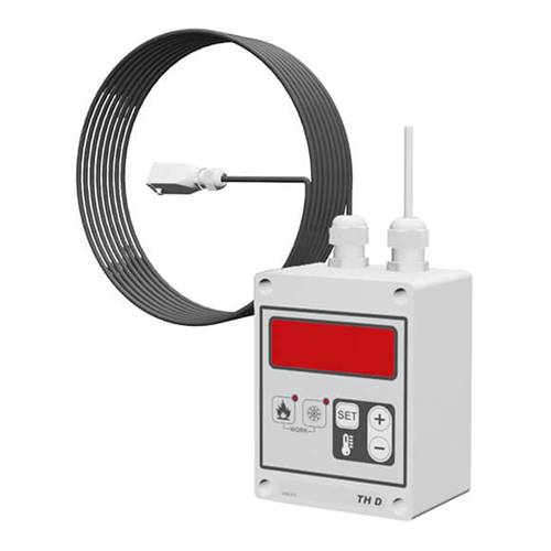 Ein digitales Thermostatgerät mit Tasten, die mit 'Modus', 'Einstellen' und Plus-/Minussymbolen beschriftet sind, wird neben einer Spule und einer Sensorkomponente dargestellt.