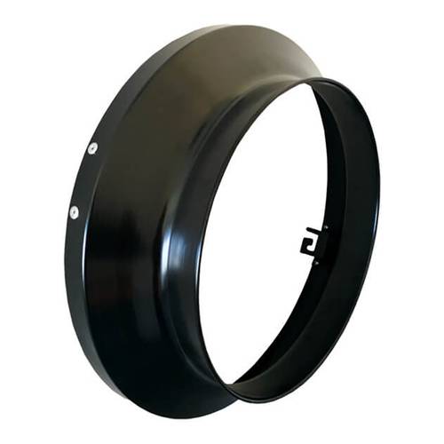 Ein schwarzer Metallring mit Befestigungslöchern, wahrscheinlich für industrielle oder automotive Anwendungen, vor einem weißen Hintergrund gezeigt.