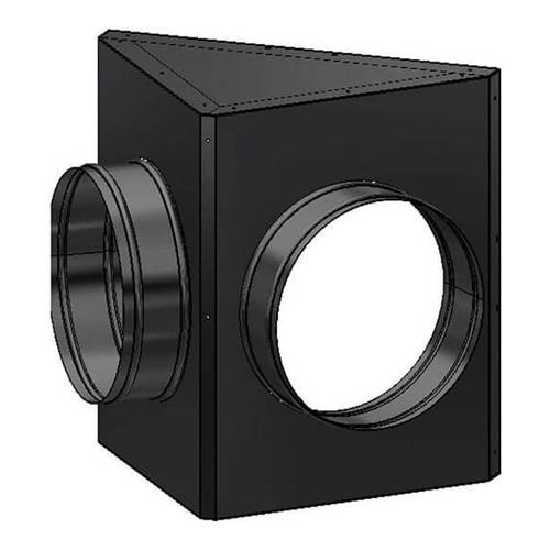Eine schwarze Metallanschlussbox mit Luftkanälen, die kreisförmige Öffnungen an zwei Seiten aufweist, für HVAC-Systeme entwickelt, die ihre 3D-Struktur und Verbindungen zeigt.