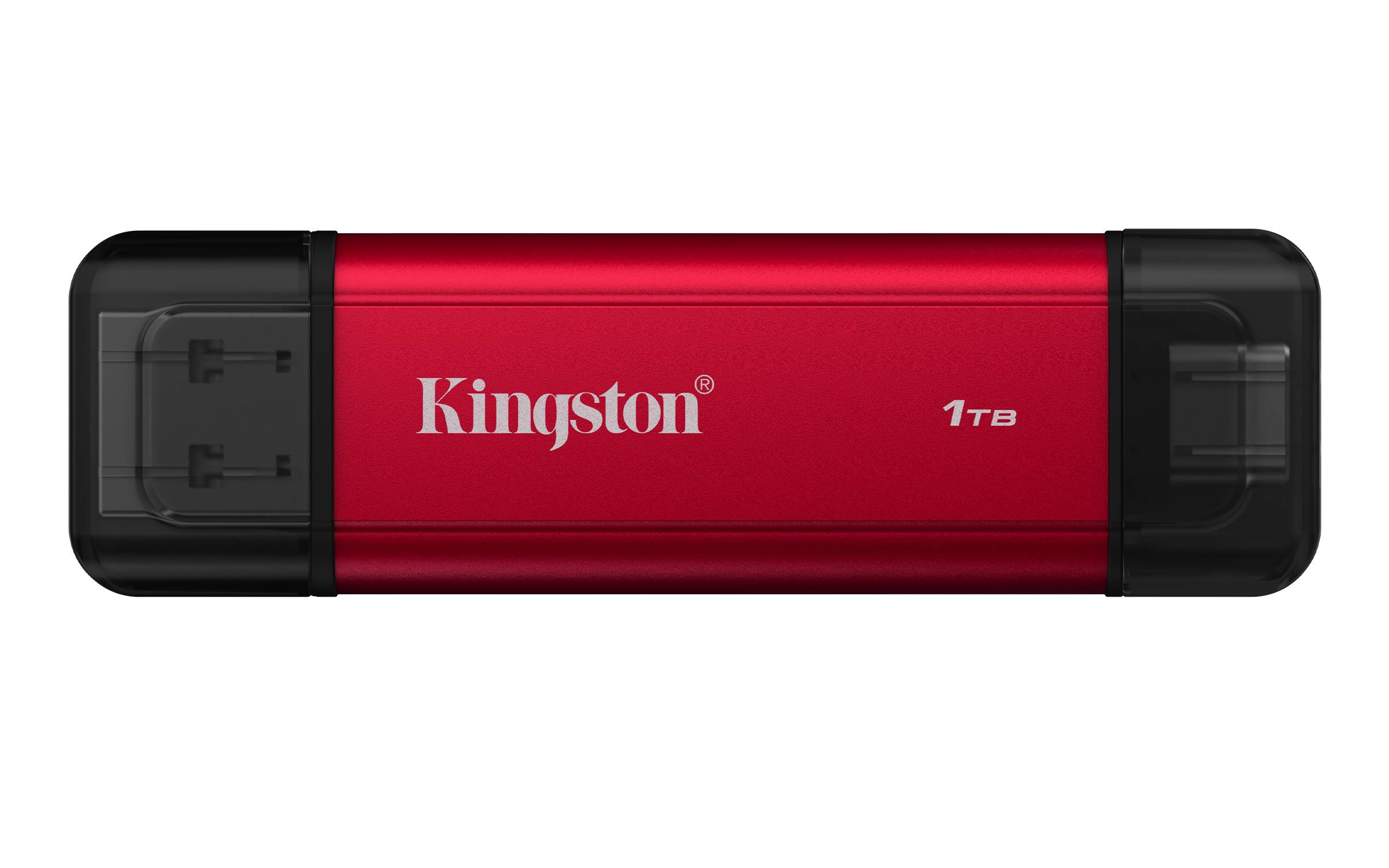 Roter Kingston 1TB USB-Stick mit schwarzen Endkappen auf weißem Hintergrund.