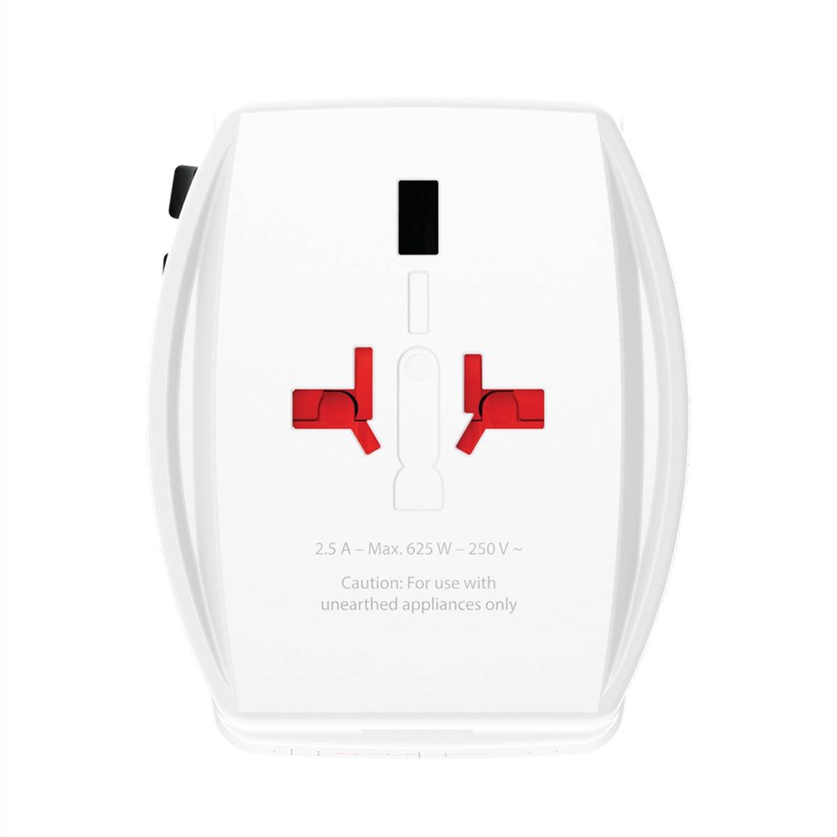Ein weißer Elektroadapter mit zwei roten Steckern, beschriftet mit '2,5 A Max. 625 W - 250 V', mit dem Hinweis, diesen nur mit nicht geerdeten Geräten zu verwenden.