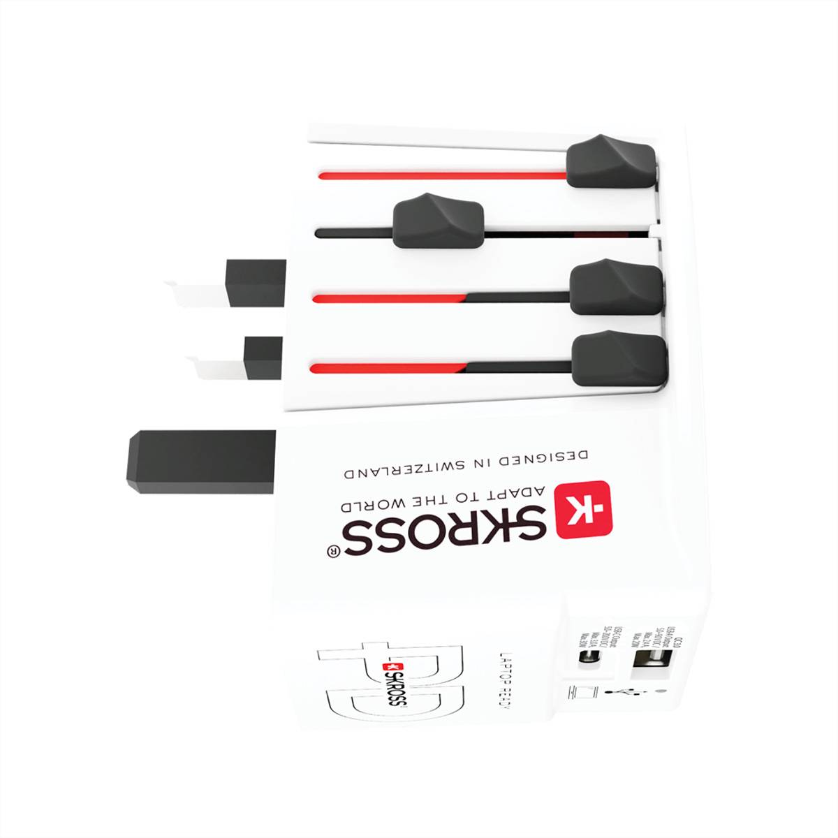 SKROSS Universal-Reiseadapter mit mehreren USB-Anschlüssen und einziehbaren Steckern, entwickelt für globale Kompatibilität in verschiedenen Ländern.