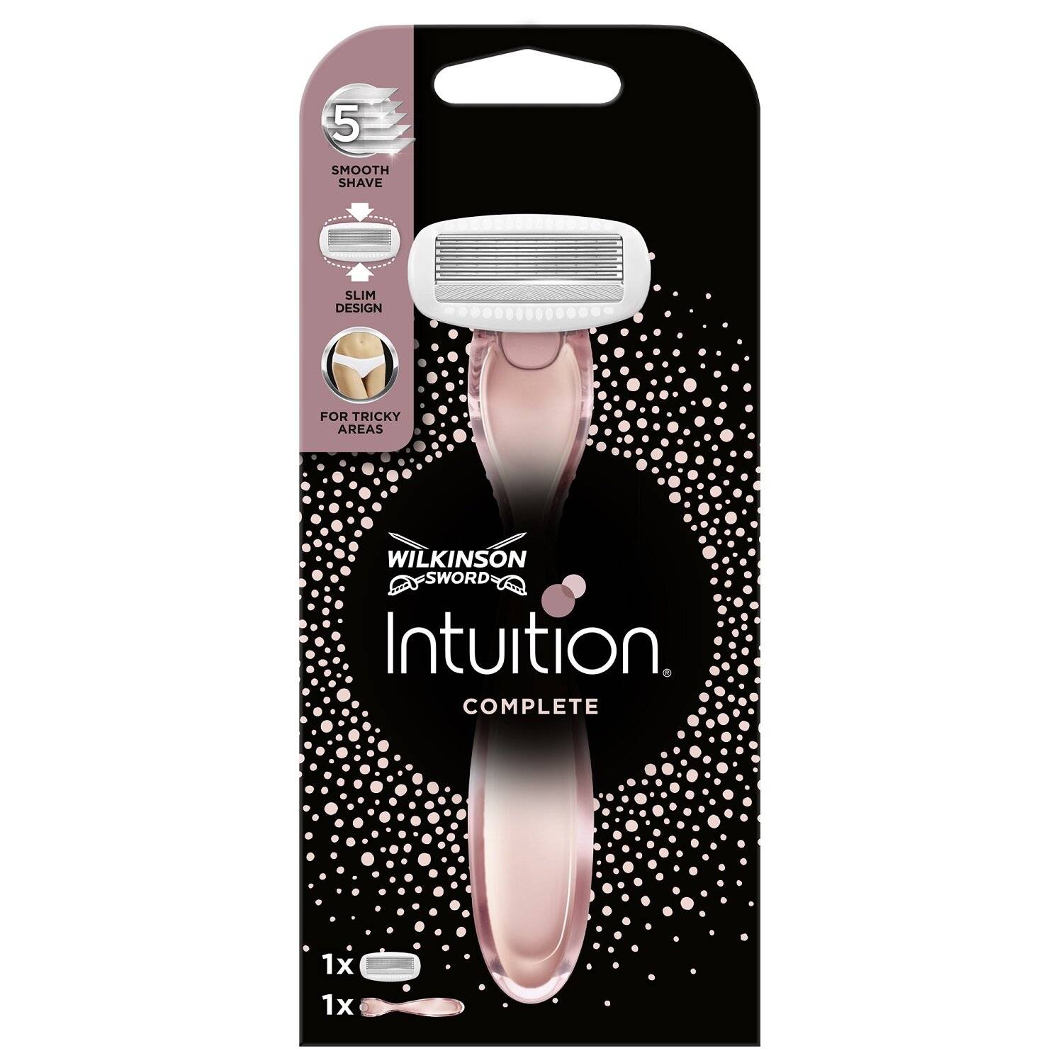 Pink Wilkinson Sword Intuition Complete Rasierer in Verpackung, mit Hervorhebung der Vorteile: ‚5 glatte Rasur', ‚schlankes Design' und ‚für schwierige Stellen'.
