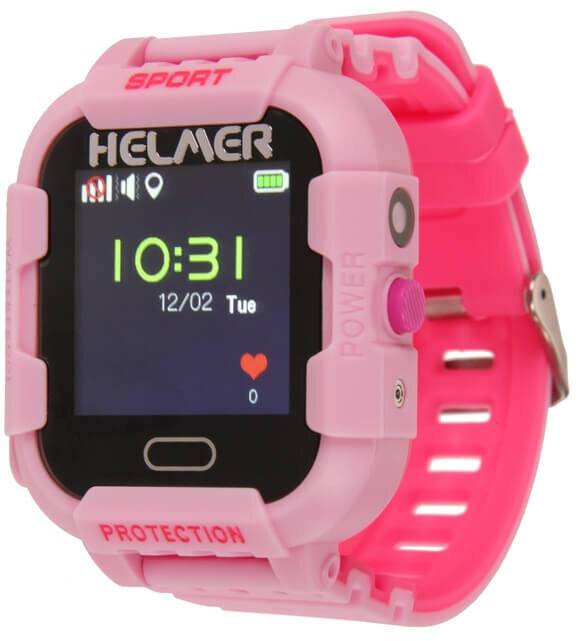 Rosa Kinder-Smartwatch, die die Uhrzeit '10:31', das Datum '12/02' und ein Herz-Symbol anzeigt. Mit gummiertem Schutzgehäuse und Armband.
