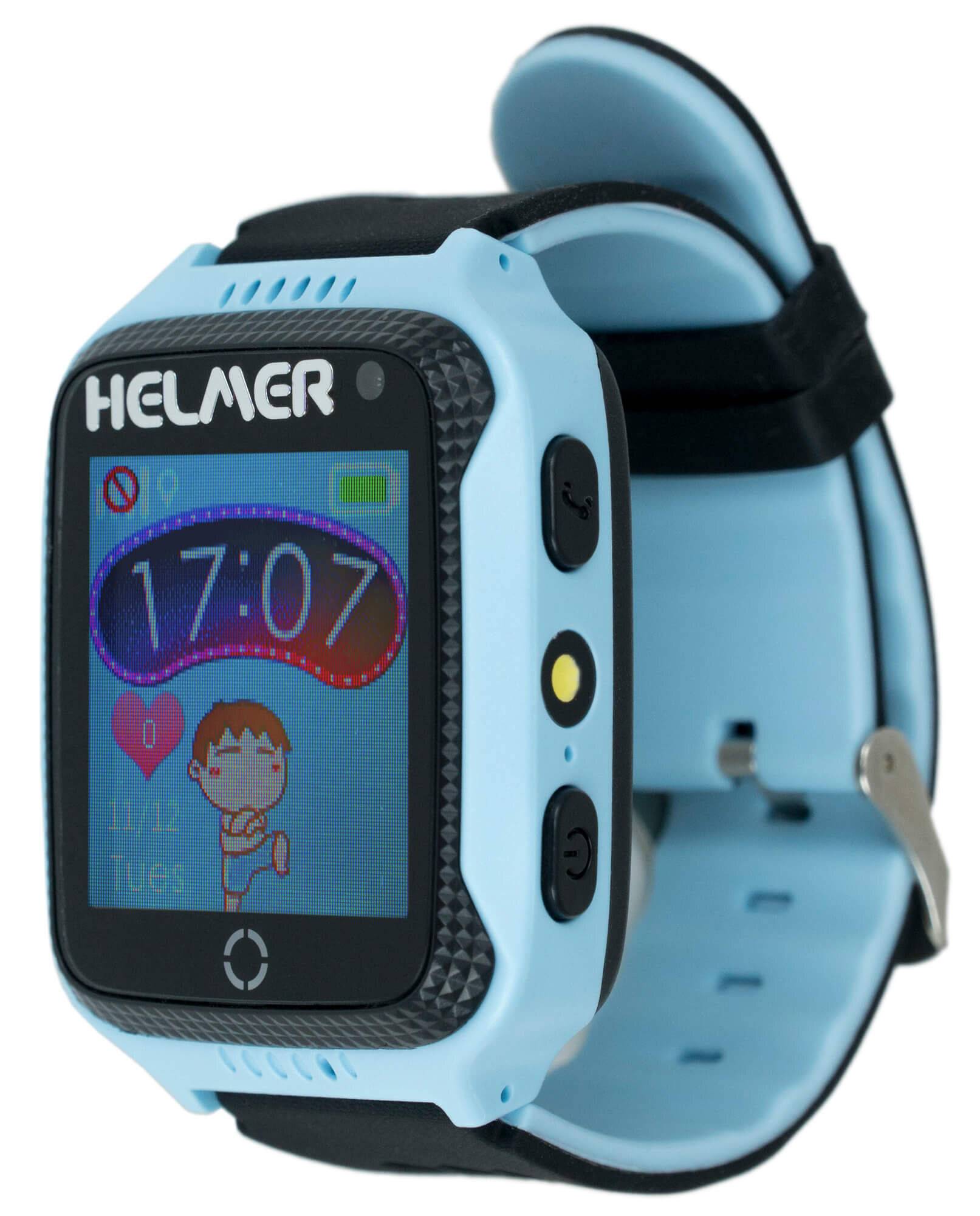 Eine blaue Kindersmartwatch, die die Uhrzeit '17:07', das Datum '17/12' und den Text 'HELAXR' anzeigt. Sie hat ein Armband und verschiedene Tasten.