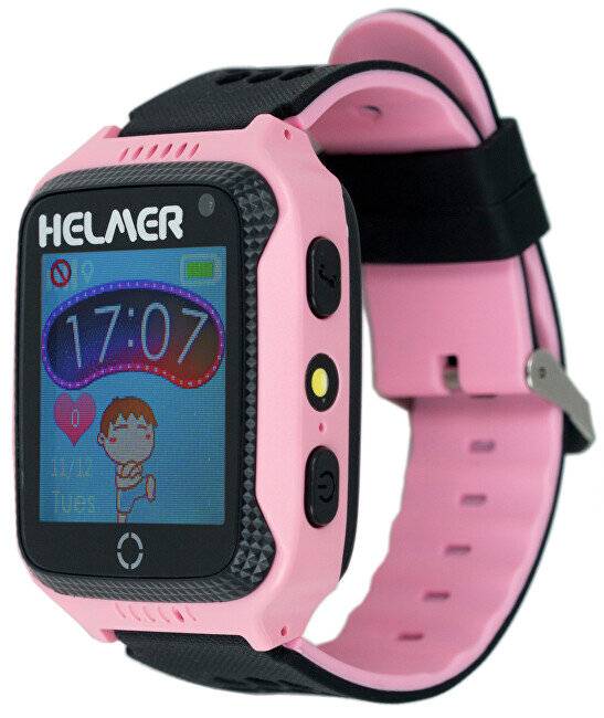 Rosa Kinder-Smartwatch mit schwarzem Rand und Armband, zeigt ein farbiges Touchscreen-Display mit der Uhrzeit 17:07 und Cartoon-Grafiken.