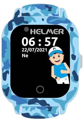 Ein Cartoon-Junge in Sportkleidung ist auf einem Smartwatch-Bildschirm zu sehen, der '06:57, 22/07/2021' anzeigt, mit einem Tarnmuster-Rahmen in Blau.