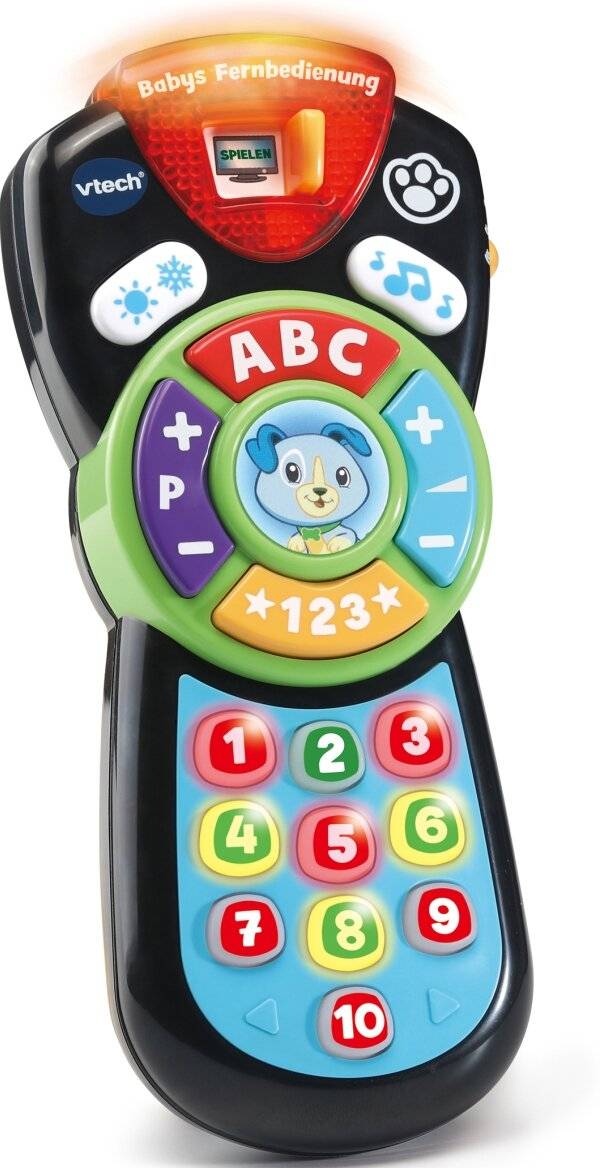 Spielzeug-Fernbedienung mit bunten Tasten, die mit 'ABC', '123' und Spielsymbolen beschriftet sind. Zentrale Illustration eines verspielten Welpencharakters.