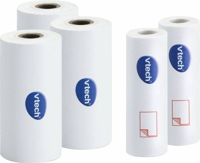 Fünf Vtech-markierte Thermopapierrollen, wobei eine einen Beispiel-Kassenbon zeigt, vor einem einfarbigen Hintergrund präsentiert.